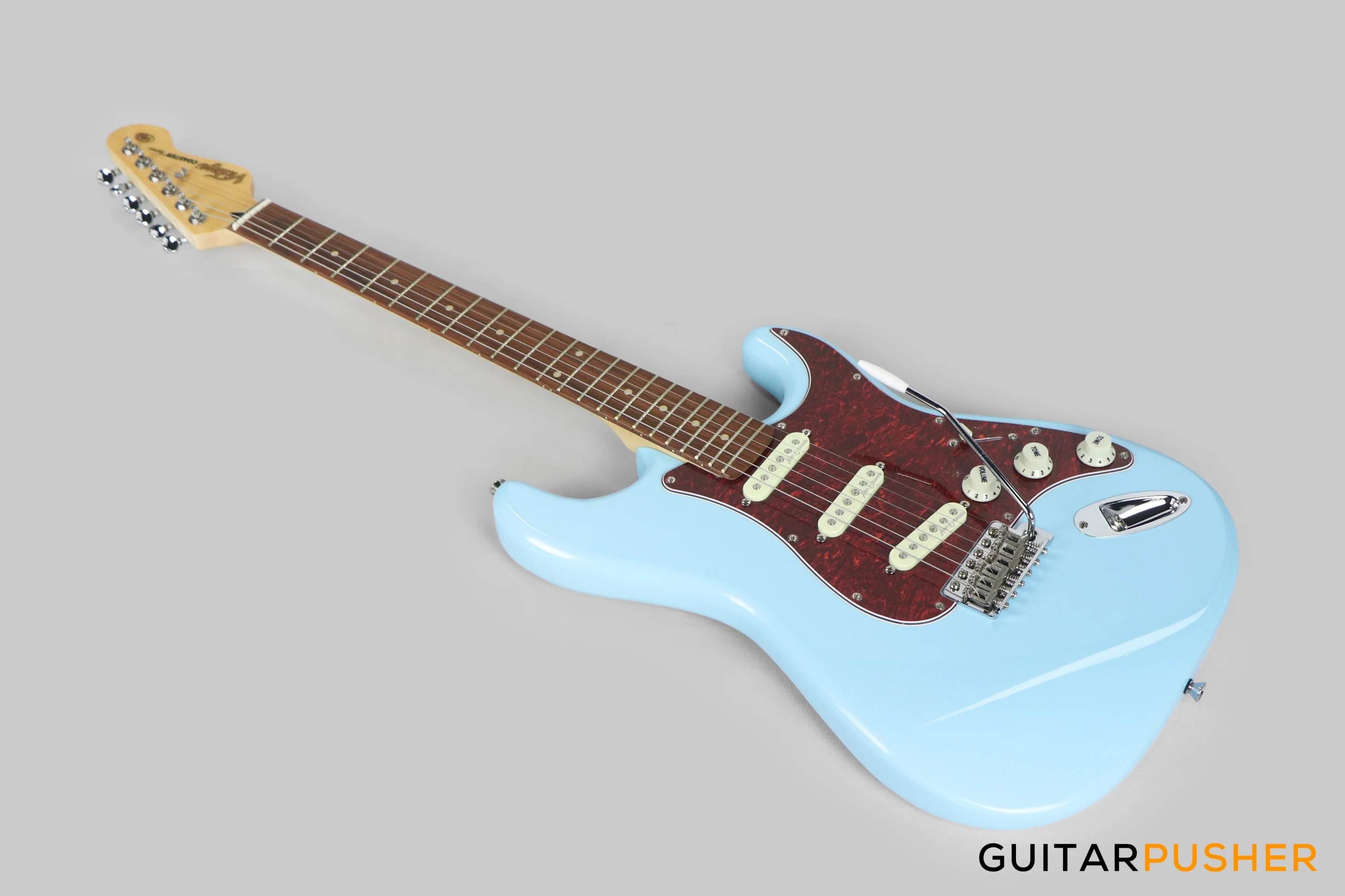 Vintage Coaster Series V60 S-Style Electric Guitar w/ Kinsman 10-Watt Amplifier, Gig Bag, & Accessories - Laguna Blue - Image 10