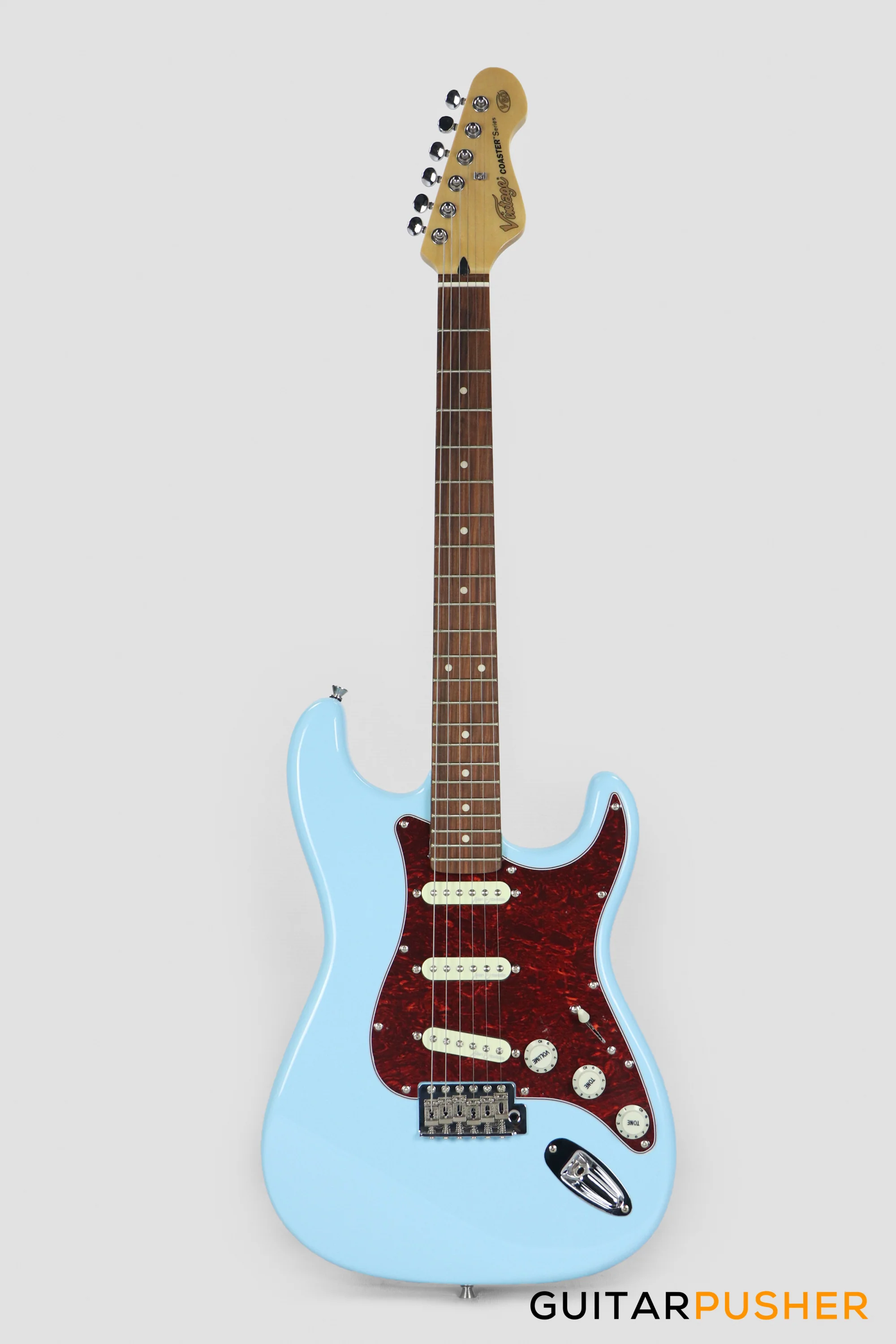 Vintage Coaster Series V60 S-Style Electric Guitar w/ Kinsman 10-Watt Amplifier, Gig Bag, & Accessories - Laguna Blue - Image 2