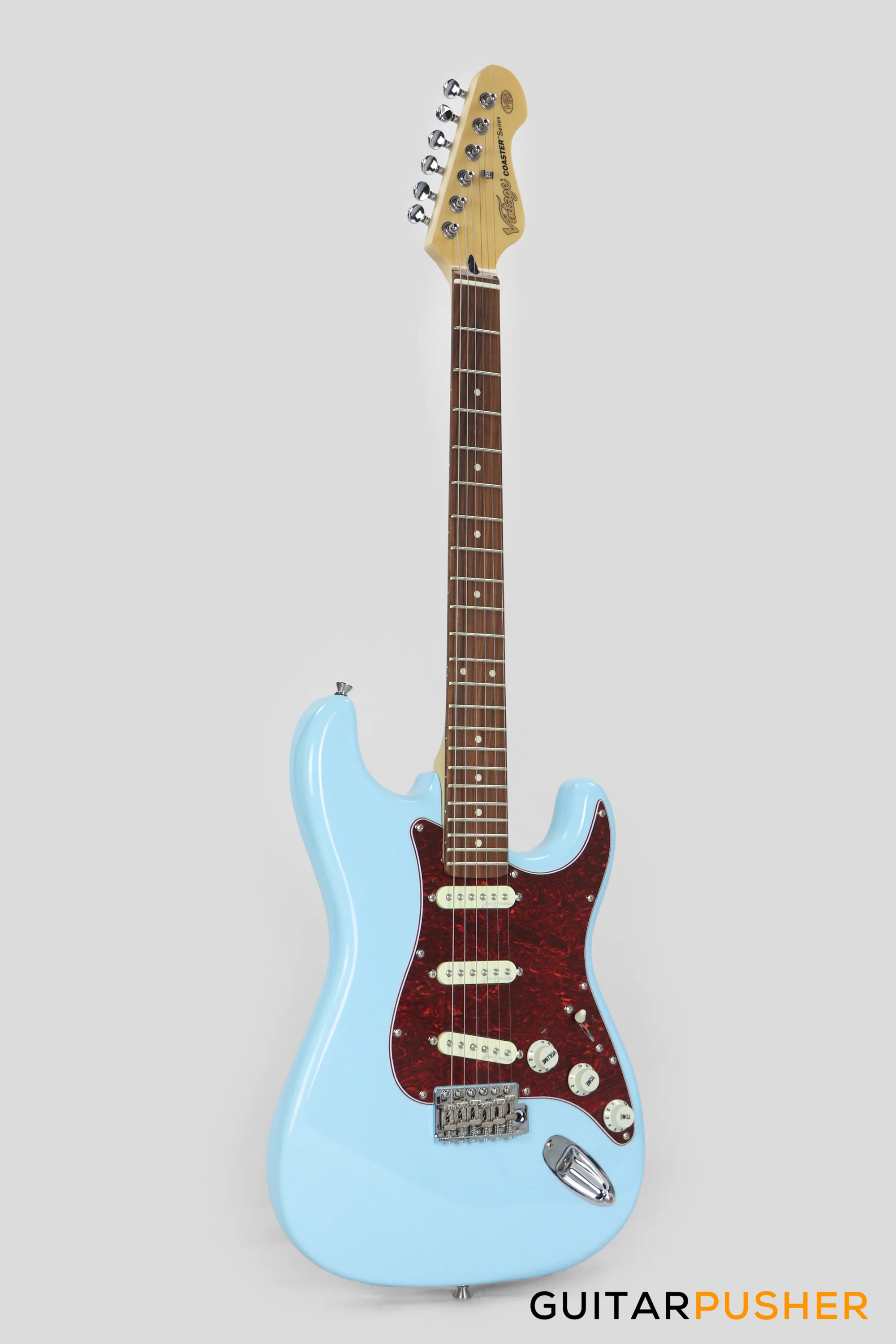 Vintage Coaster Series V60 S-Style Electric Guitar w/ Kinsman 10-Watt Amplifier, Gig Bag, & Accessories - Laguna Blue - Image 4