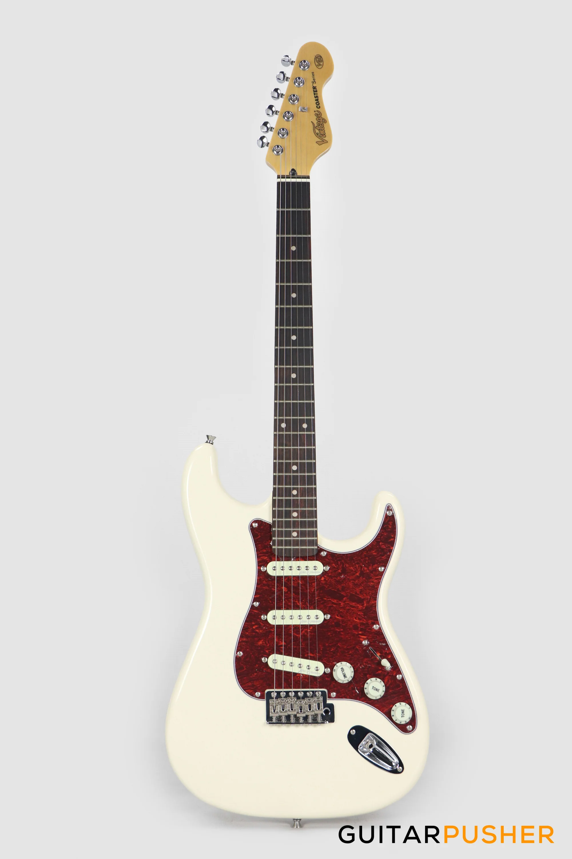 Vintage Coaster Series V60 S-Style Electric Guitar w/ Kinsman 10-Watt Amplifier, Gig Bag, & Accessories - Vintage White - Image 2
