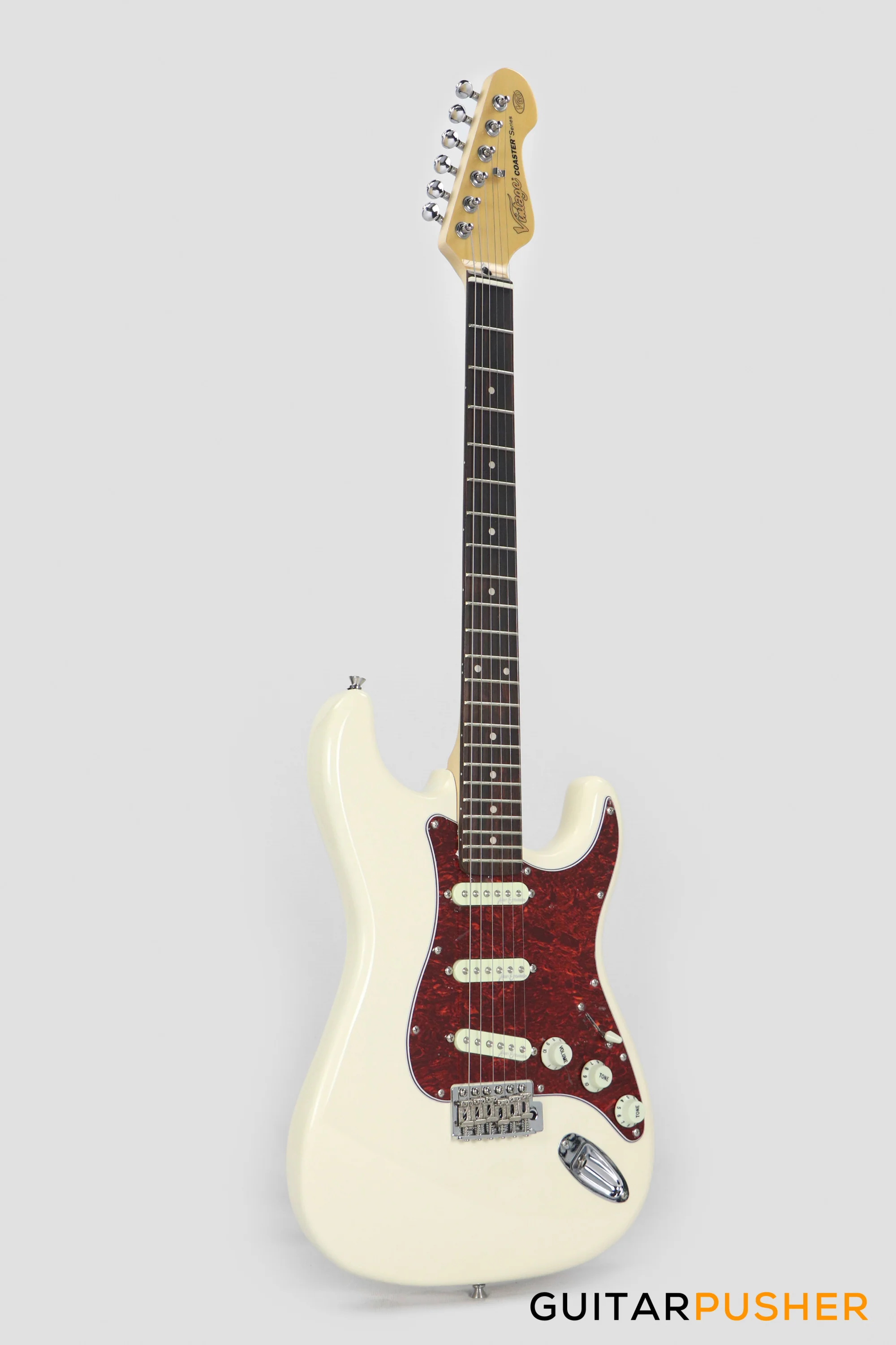 Vintage Coaster Series V60 S-Style Electric Guitar w/ Kinsman 10-Watt Amplifier, Gig Bag, & Accessories - Vintage White - Image 4