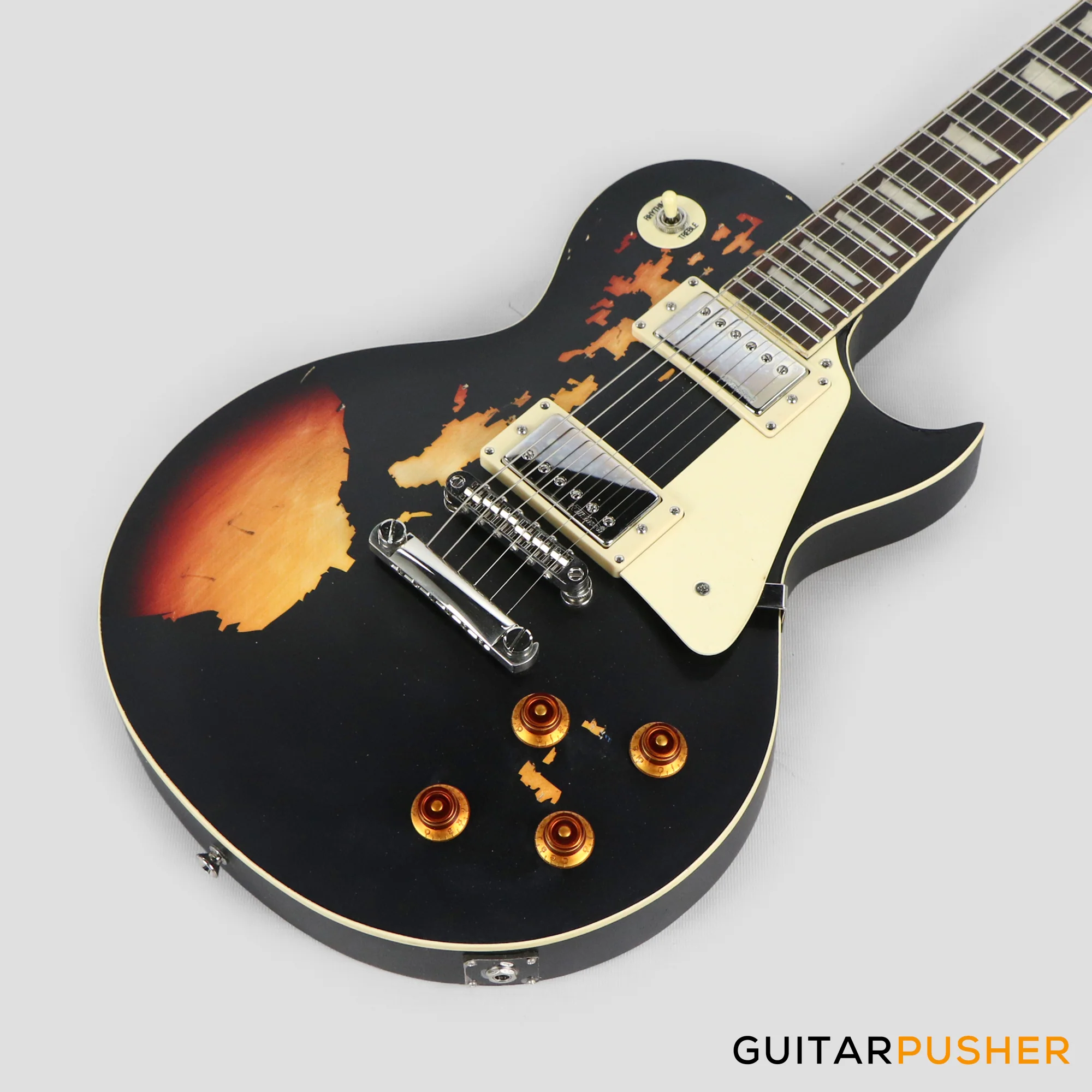 Vintage V100 Icon Singlecut Electric Guitar - Distressed Black Over Sunburst - Image 10