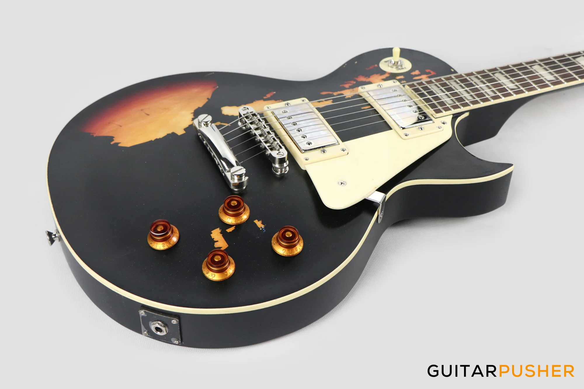 Vintage V100 Icon Singlecut Electric Guitar - Distressed Black Over Sunburst - Image 11