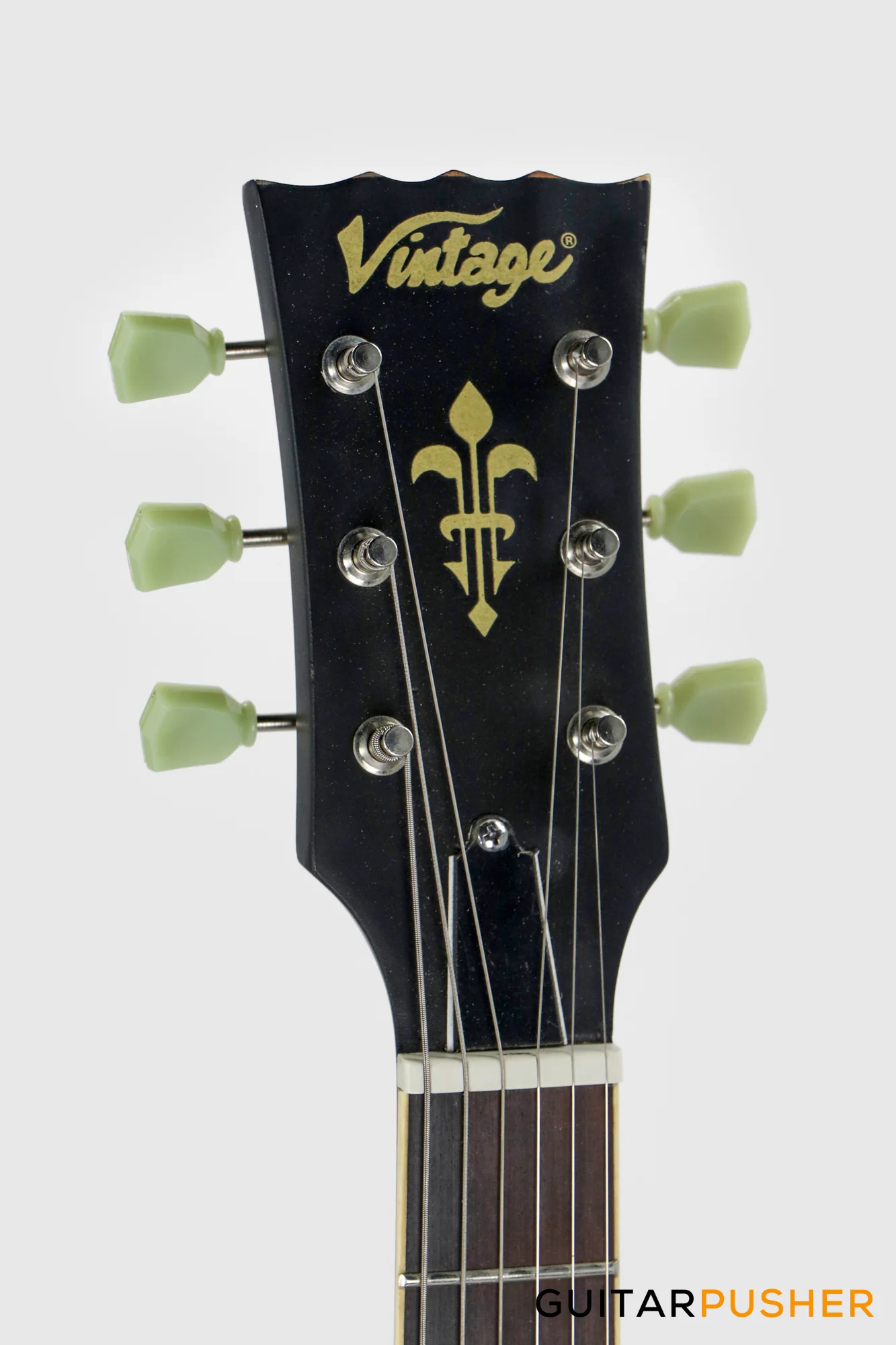 Vintage V100 Icon Singlecut Electric Guitar - Distressed Black Over Sunburst - Image 5