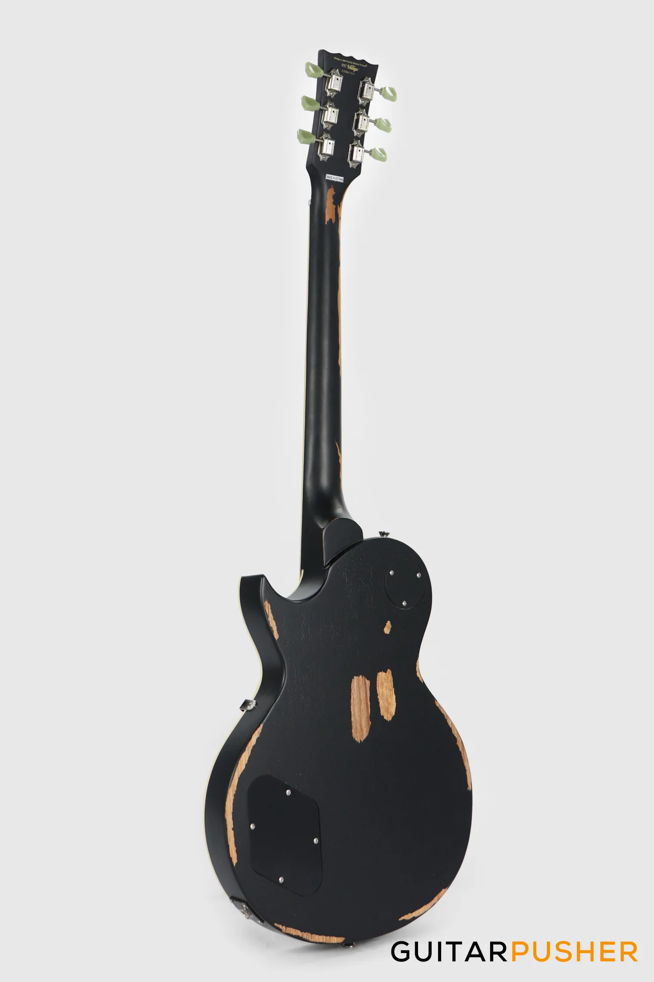 Vintage V100 Icon Singlecut Electric Guitar - Distressed Black Over Sunburst - Image 6