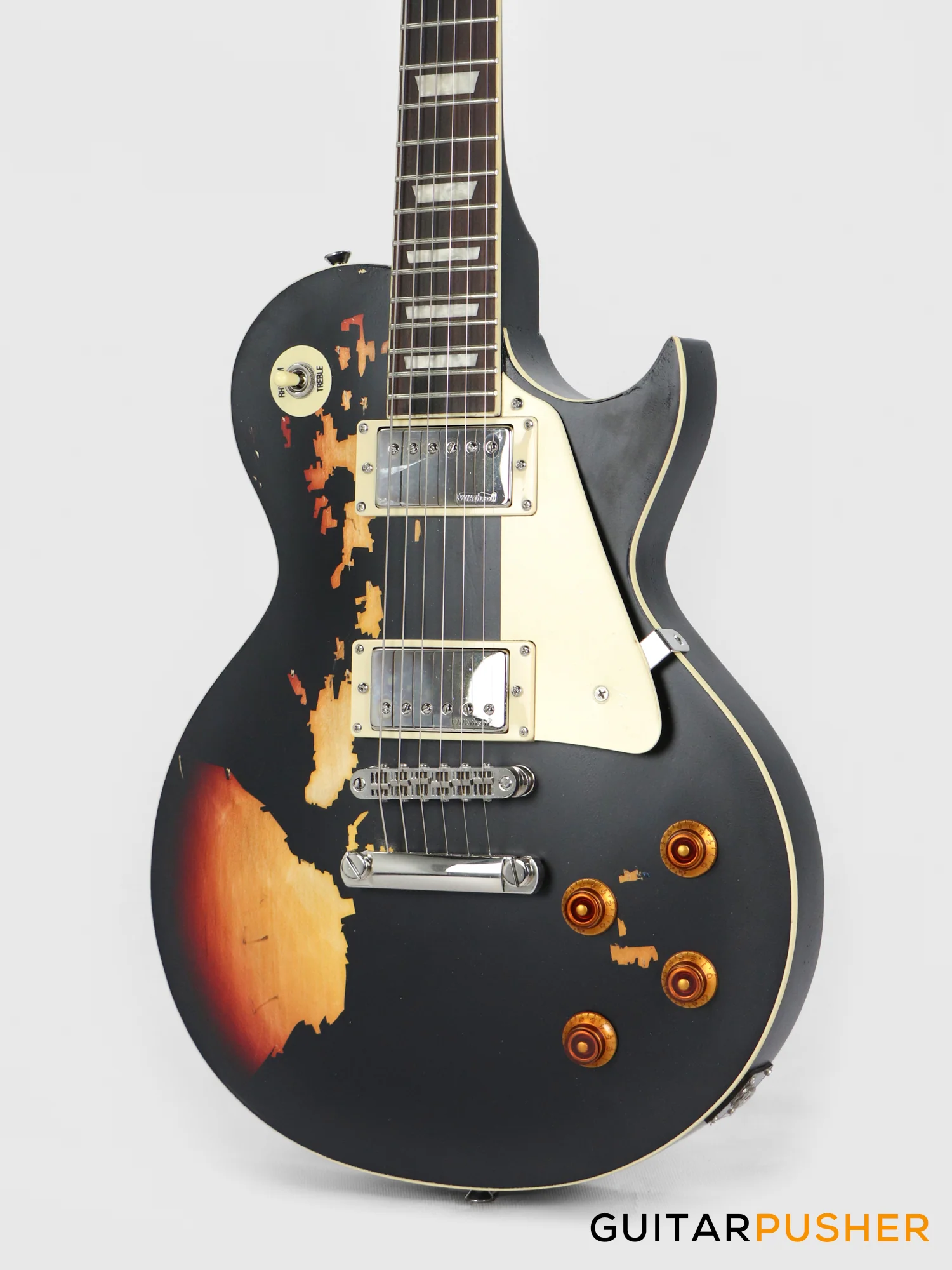 Vintage V100 Icon Singlecut Electric Guitar - Distressed Black Over Sunburst - Image 8