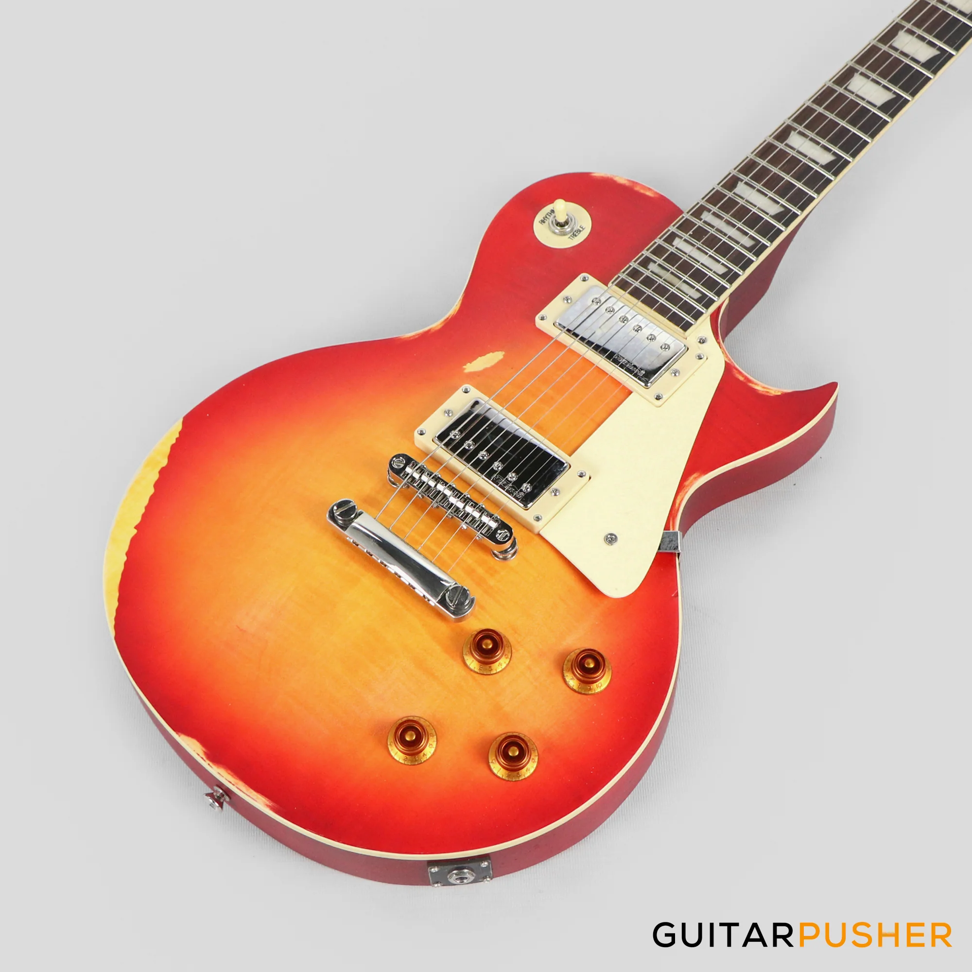 Vintage V100 Icon Singlecut Electric Guitar - Distressed Cherry Sunburst - Image 10