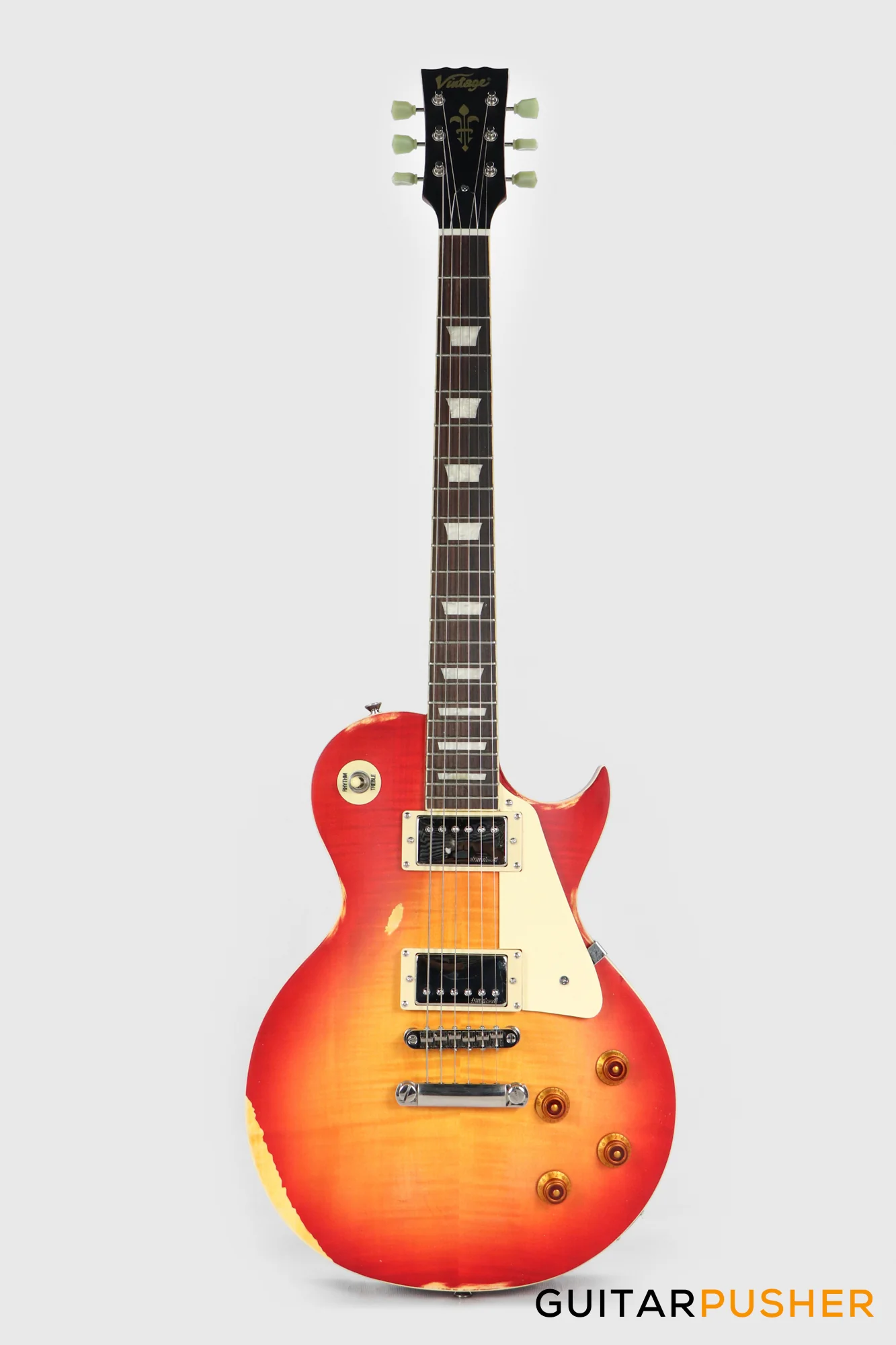Vintage V100 Icon Singlecut Electric Guitar - Distressed Cherry Sunburst - Image 2