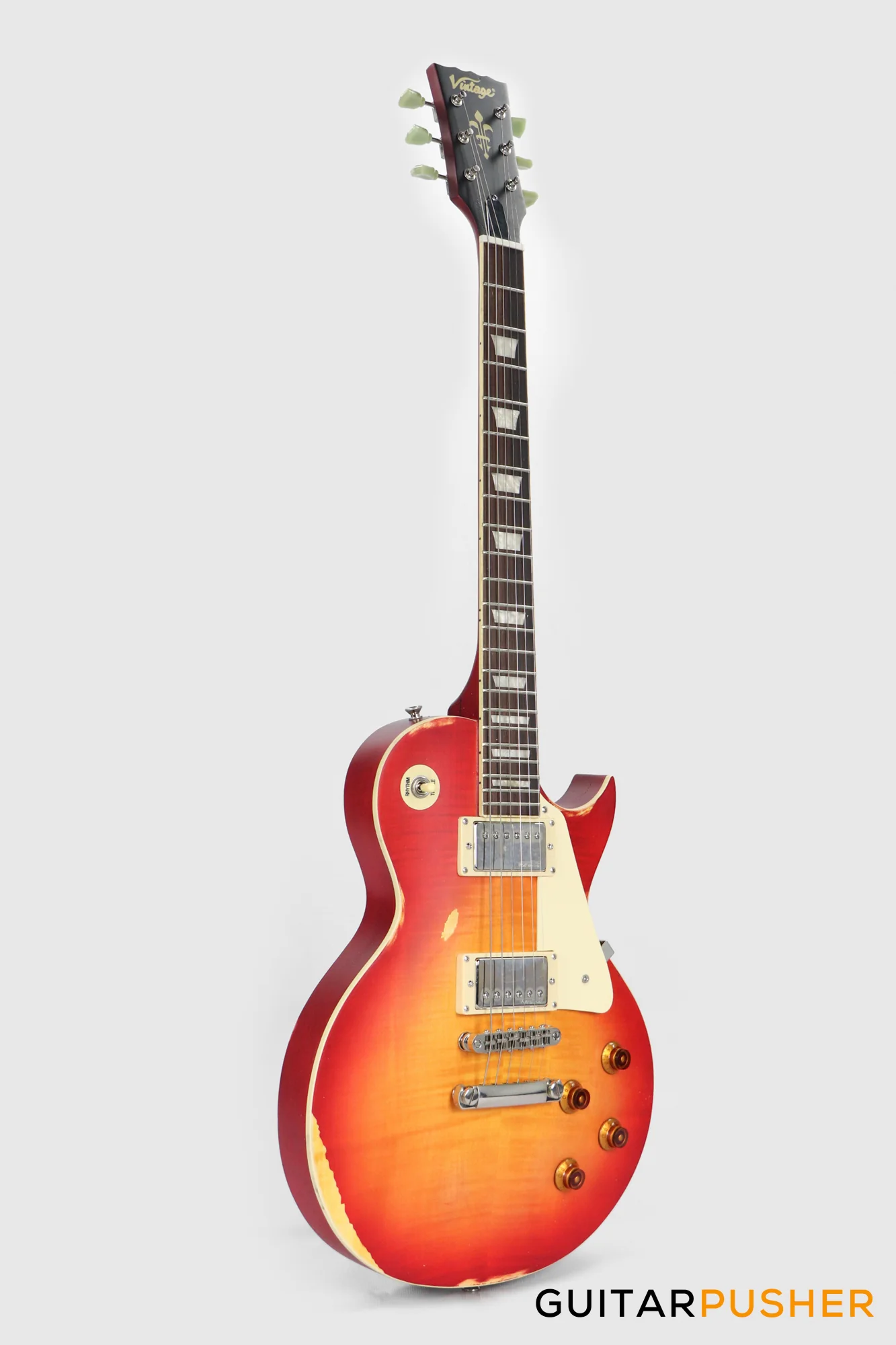 Vintage V100 Icon Singlecut Electric Guitar - Distressed Cherry Sunburst - Image 3