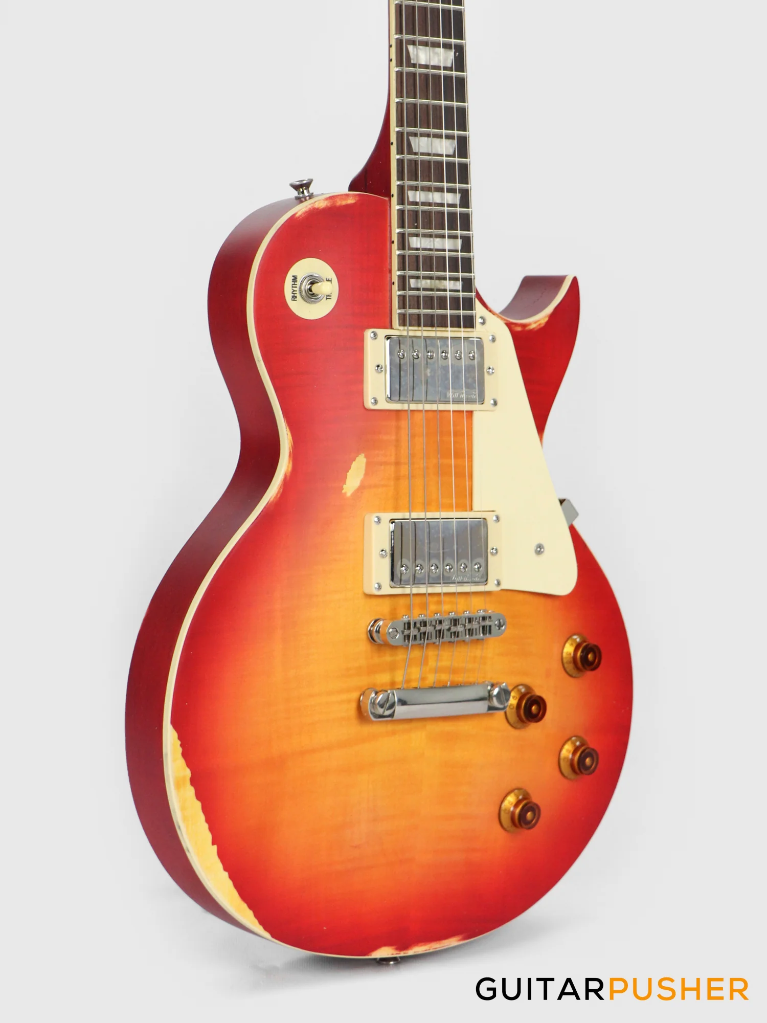 Vintage V100 Icon Singlecut Electric Guitar - Distressed Cherry Sunburst - Image 4