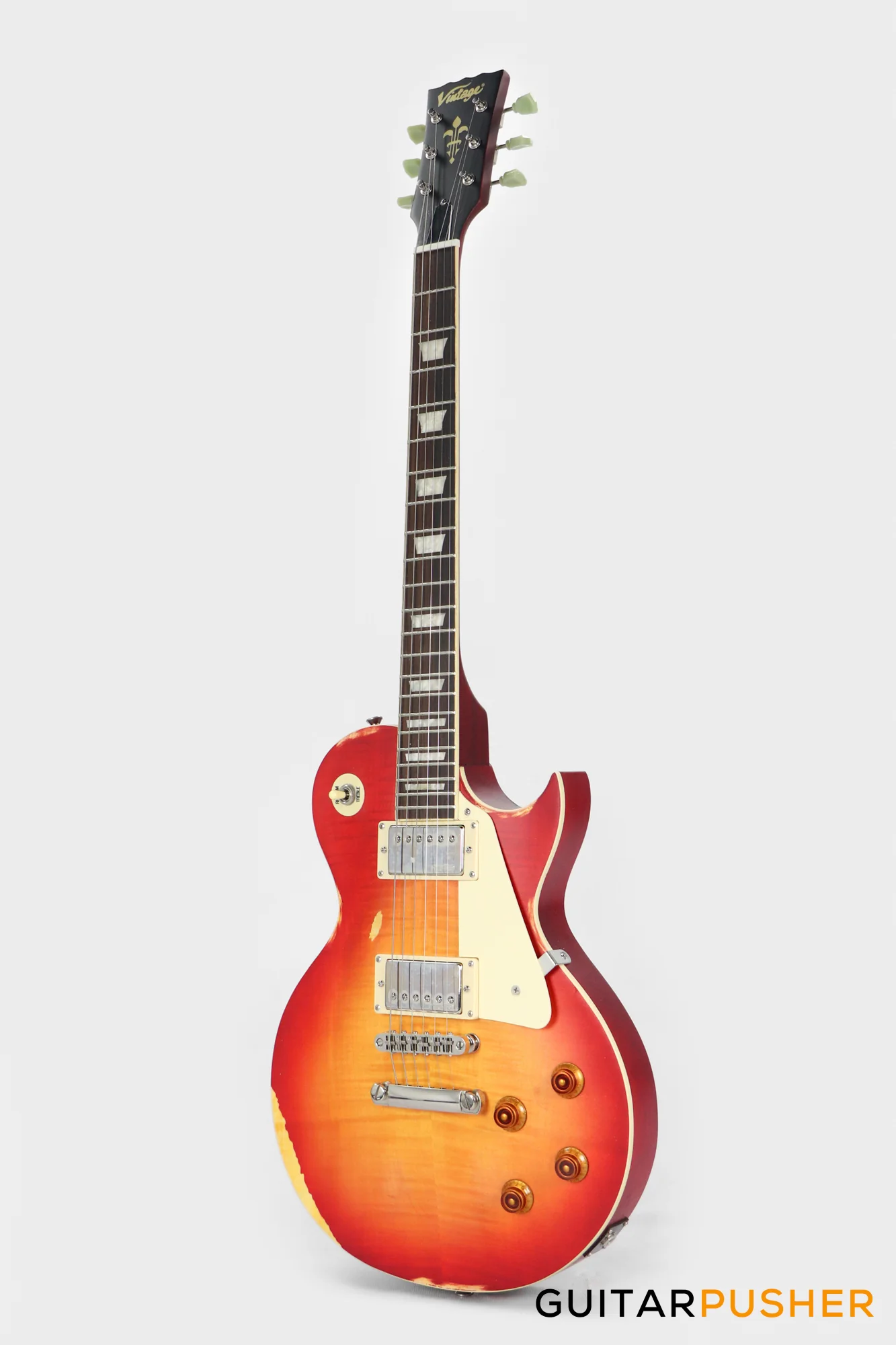 Vintage V100 Icon Singlecut Electric Guitar - Distressed Cherry Sunburst - Image 7