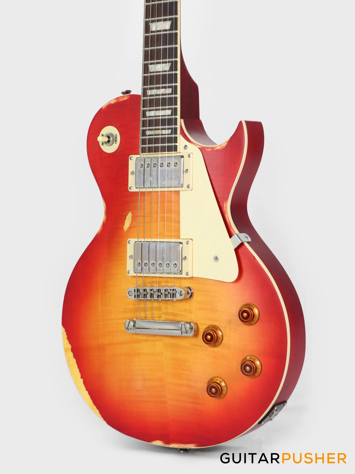 Vintage V100 Icon Singlecut Electric Guitar - Distressed Cherry Sunburst - Image 8