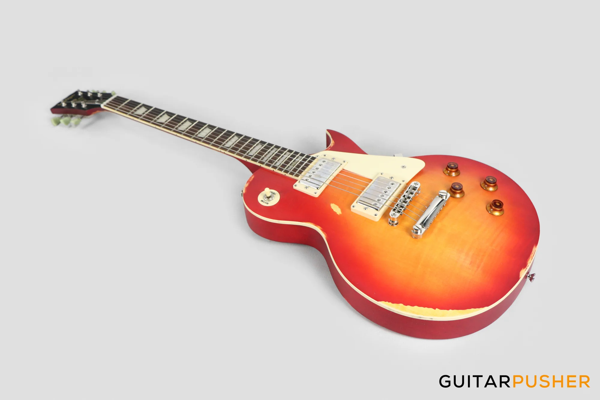 Vintage V100 Icon Singlecut Electric Guitar - Distressed Cherry Sunburst - Image 9