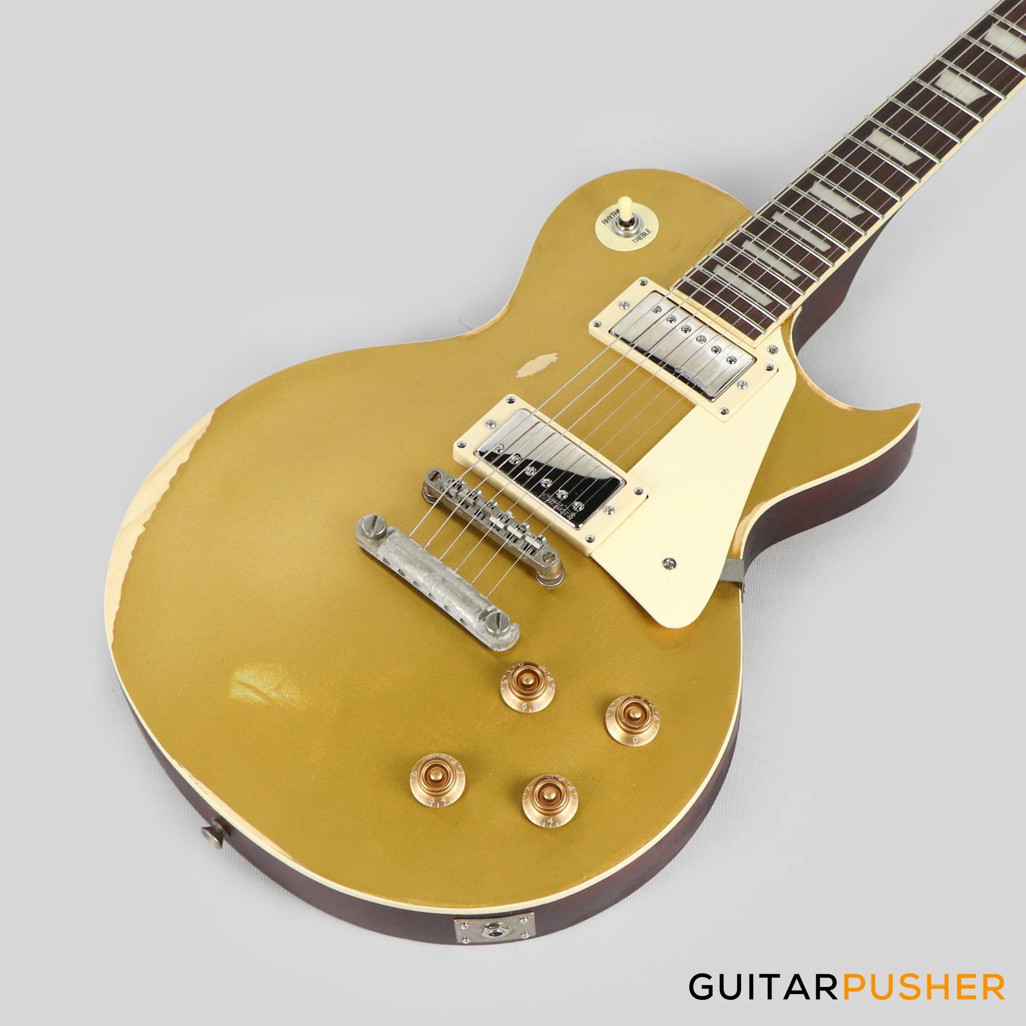 Vintage V100 Icon Singlecut Electric Guitar - Distressed HH Gold Top - Image 10