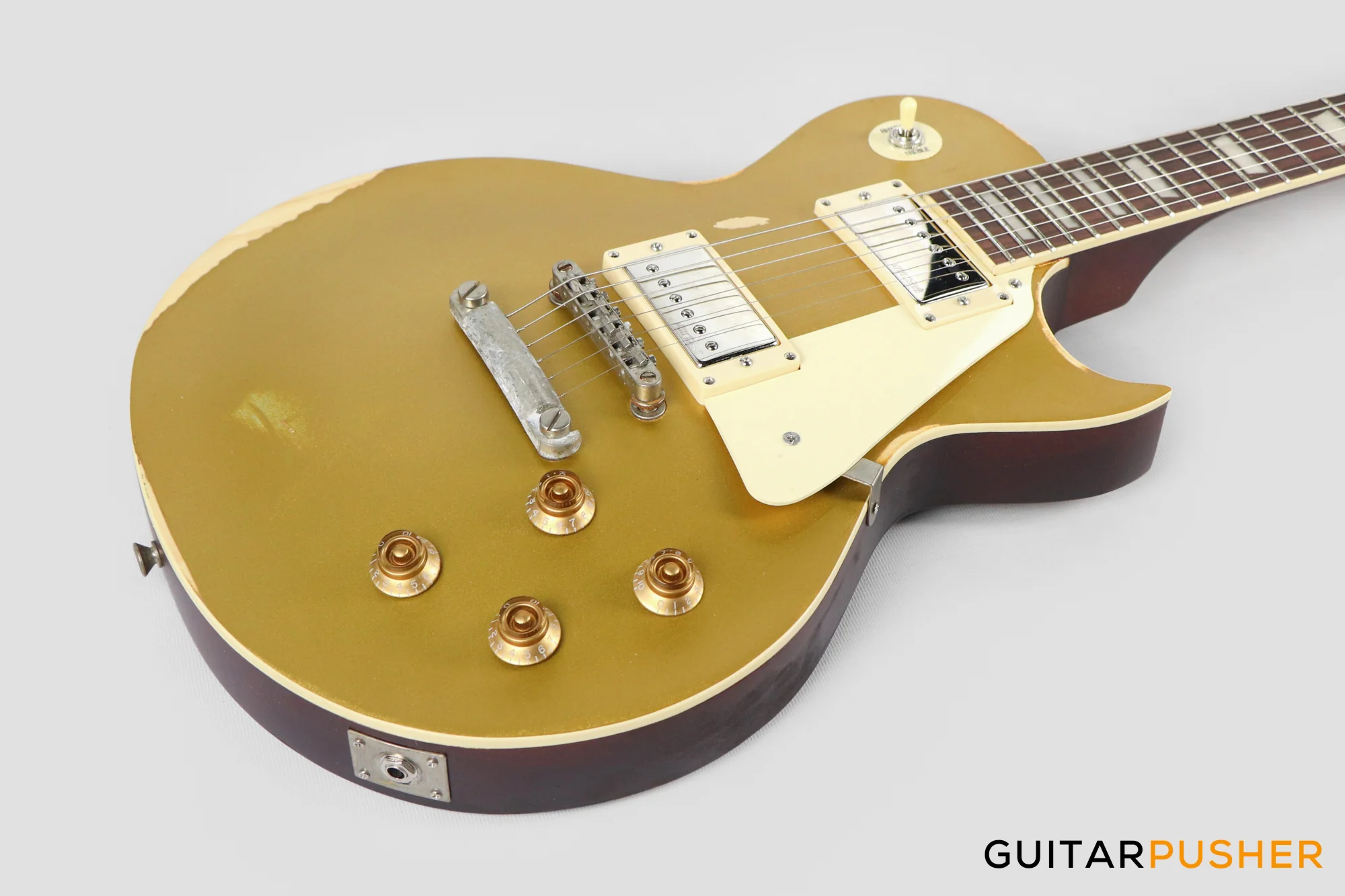 Vintage V100 Icon Singlecut Electric Guitar - Distressed HH Gold Top - Image 11