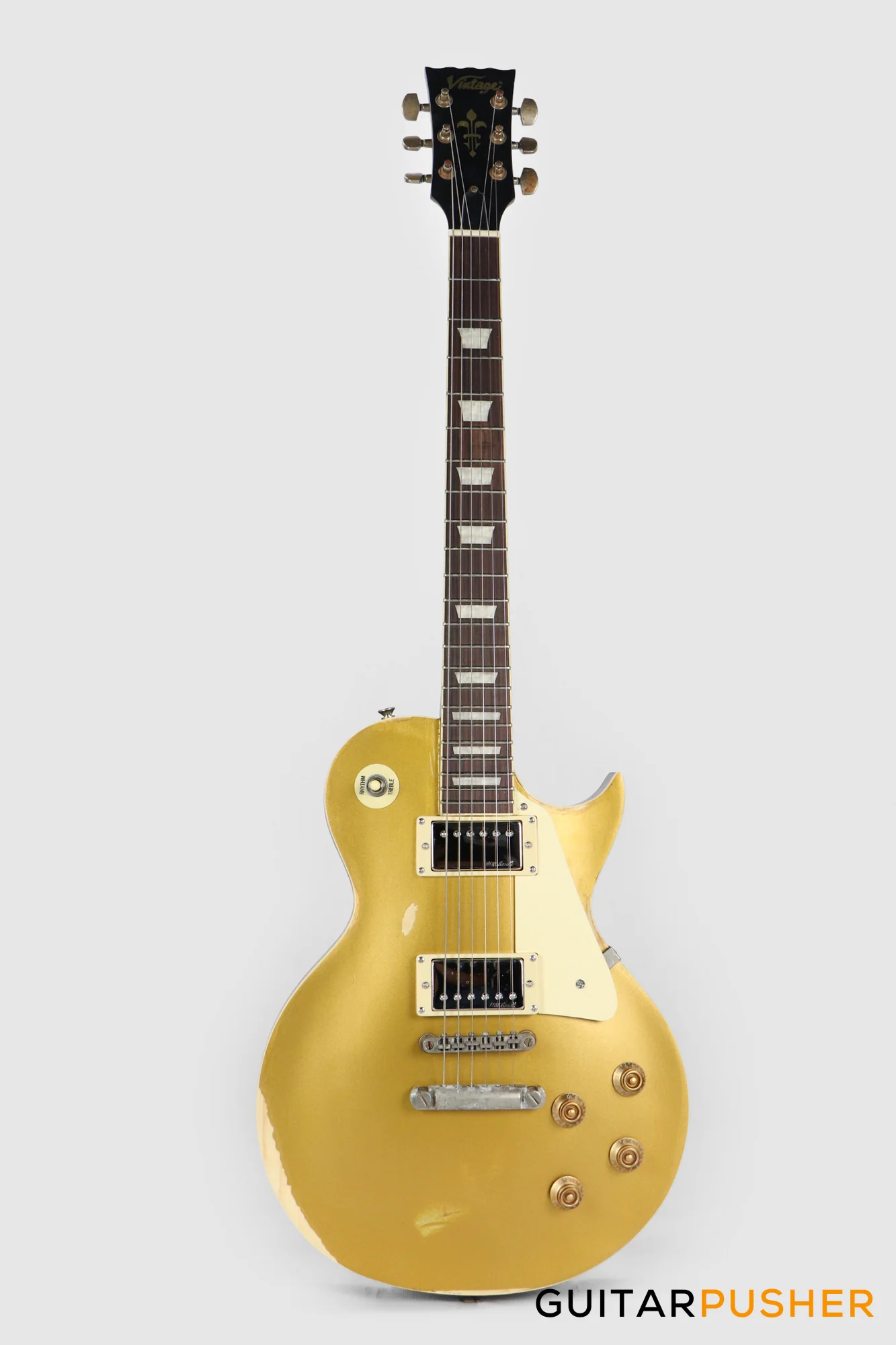 Vintage V100 Icon Singlecut Electric Guitar - Distressed HH Gold Top - Image 2
