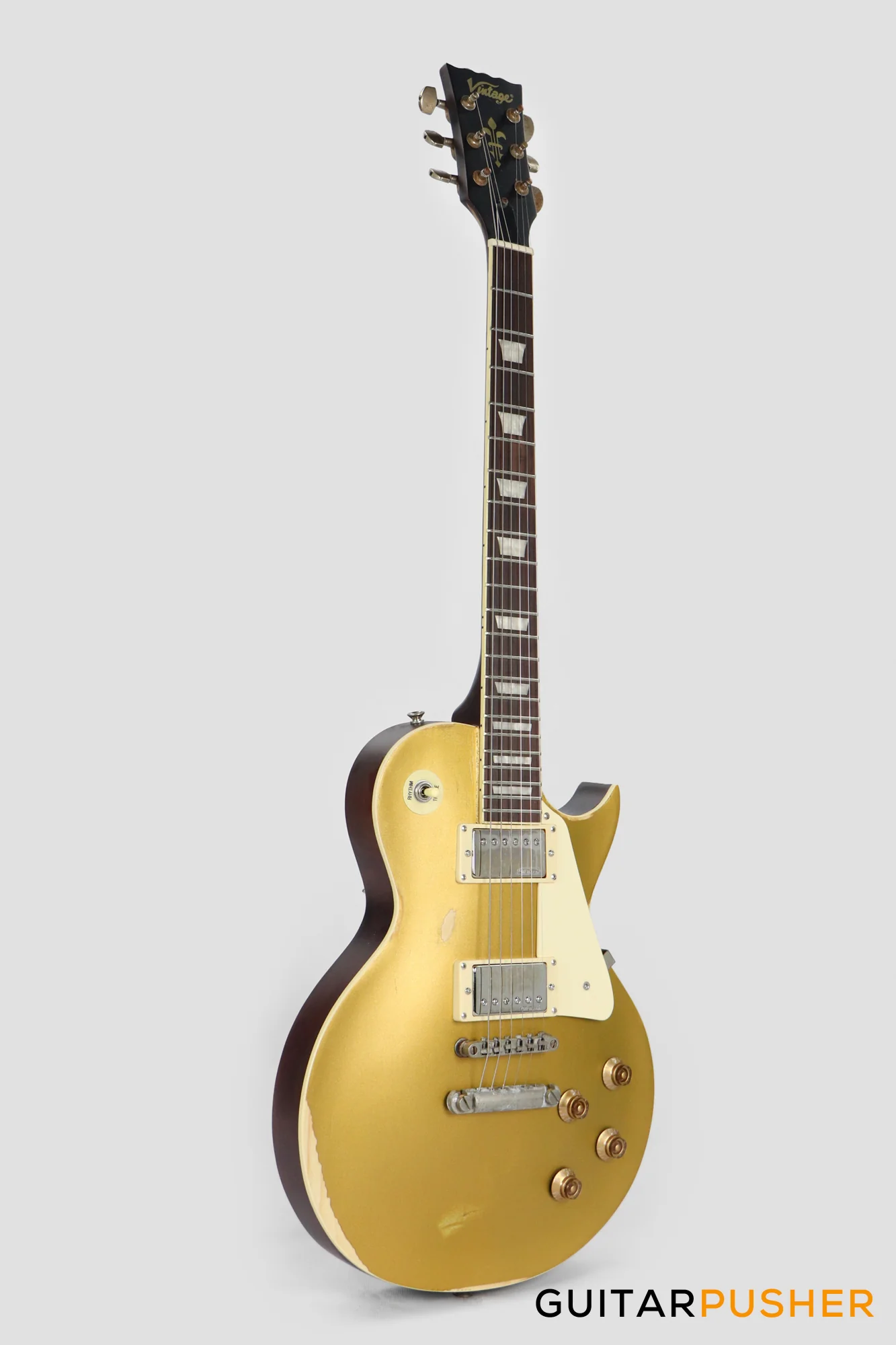 Vintage V100 Icon Singlecut Electric Guitar - Distressed HH Gold Top - Image 3