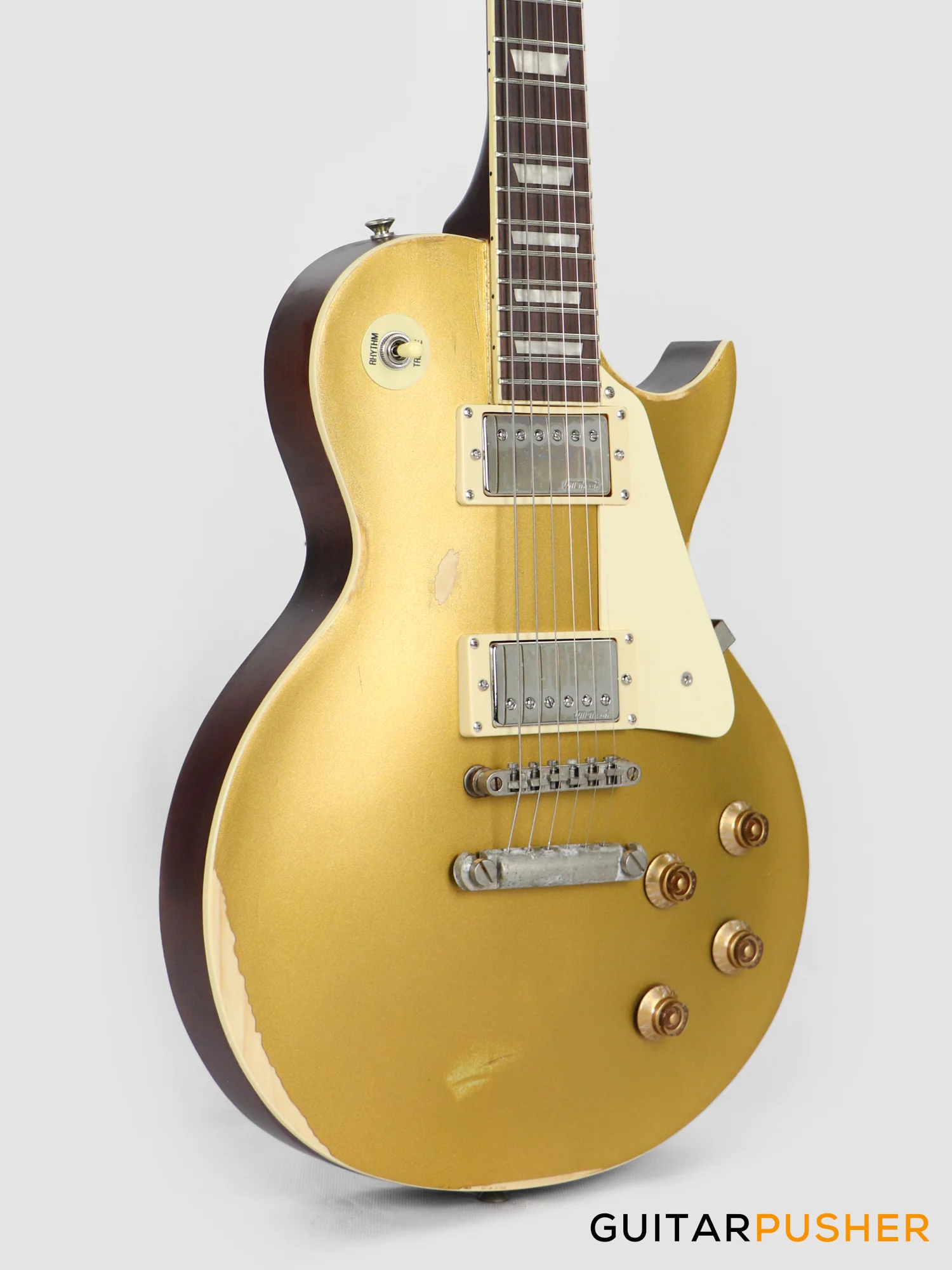 Vintage V100 Icon Singlecut Electric Guitar - Distressed HH Gold Top - Image 4
