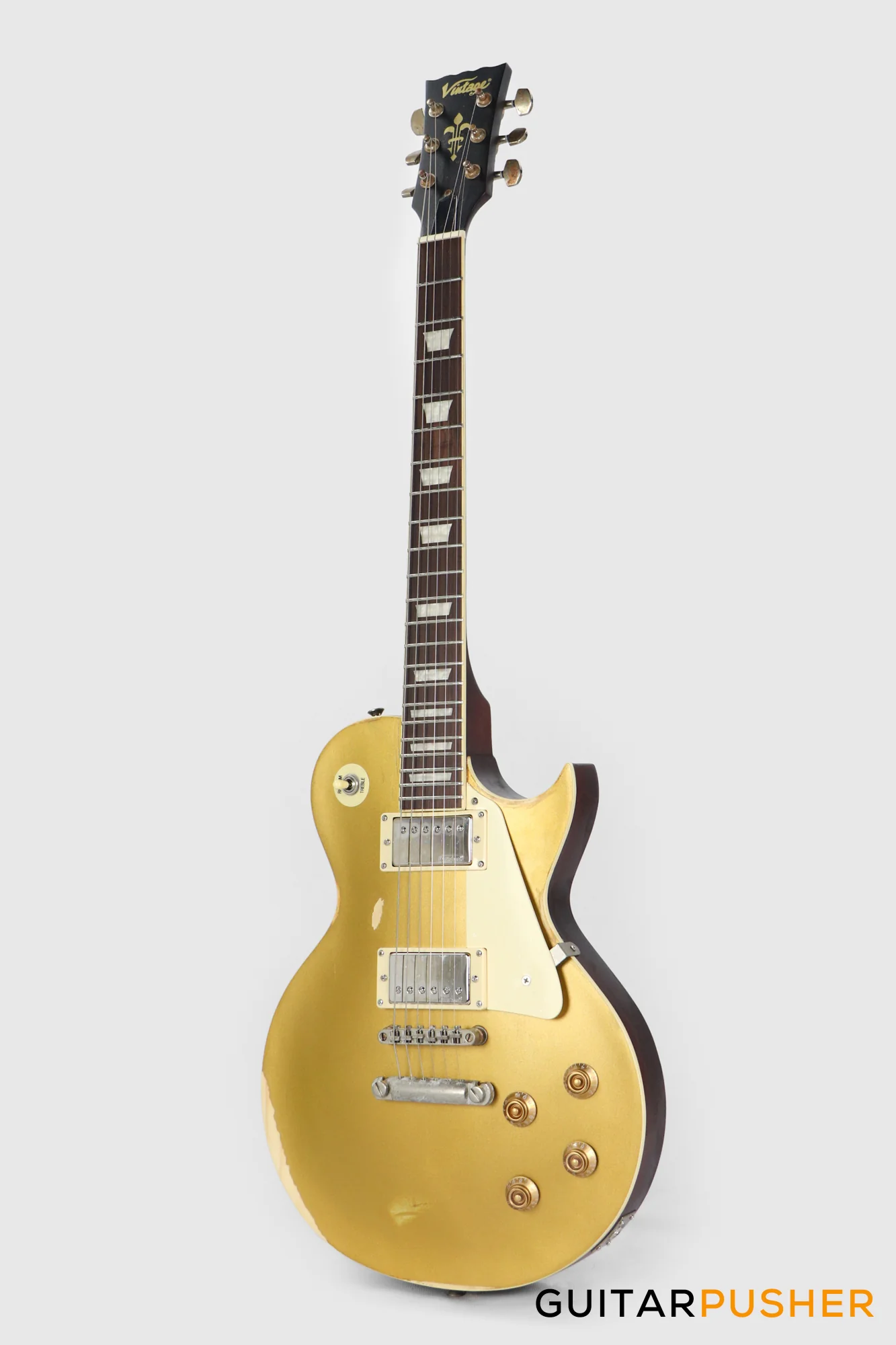 Vintage V100 Icon Singlecut Electric Guitar - Distressed HH Gold Top - Image 7