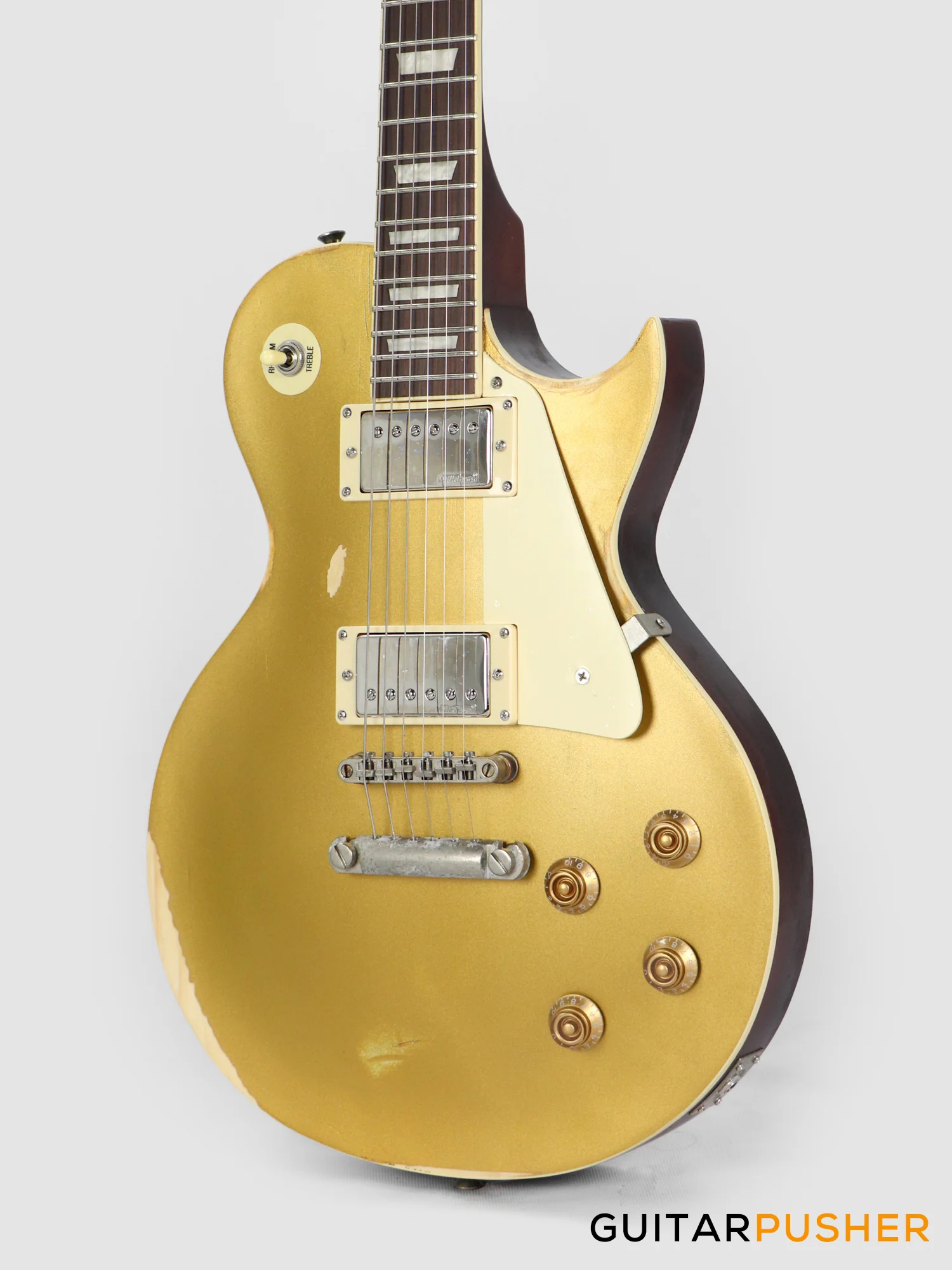 Vintage V100 Icon Singlecut Electric Guitar - Distressed HH Gold Top - Image 8
