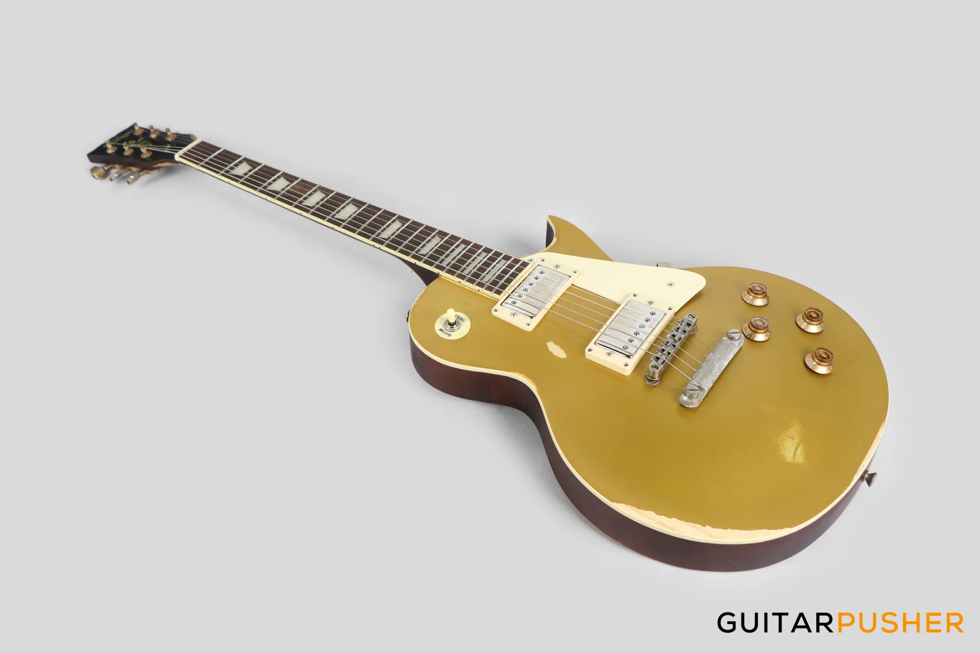 Vintage V100 Icon Singlecut Electric Guitar - Distressed HH Gold Top - Image 9