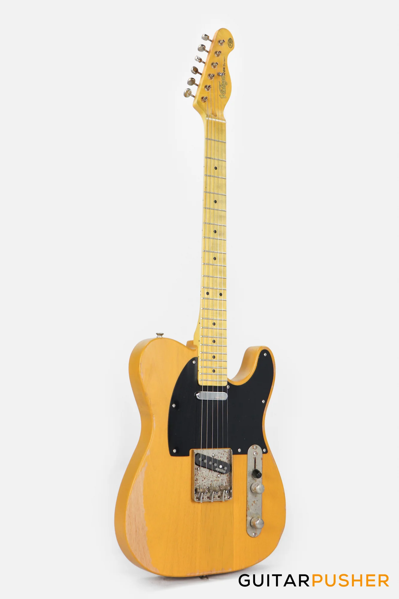 Vintage V52 Icon T-Style Electric Guitar - Distressed Butterscotch - Image 10