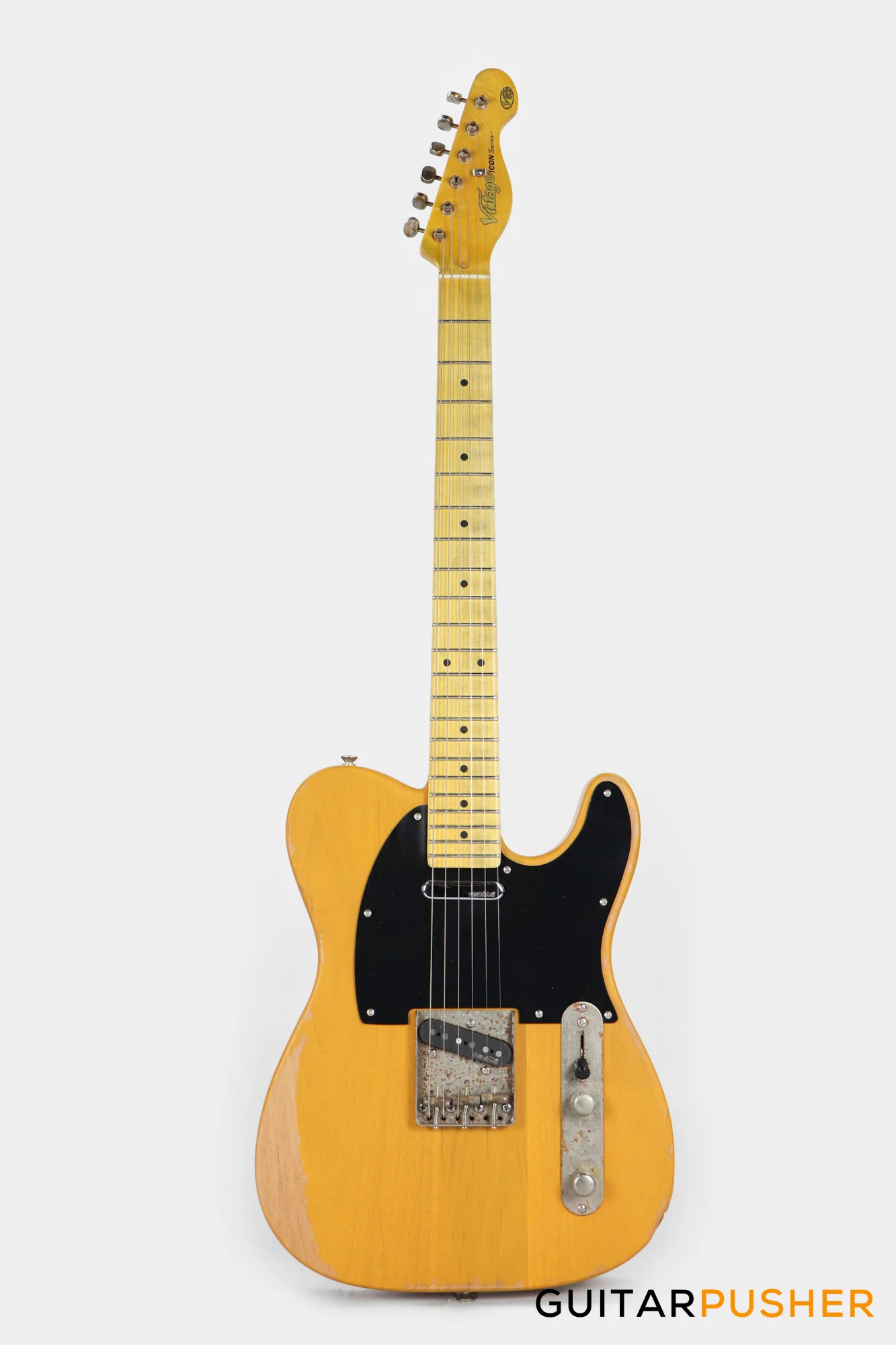 Vintage V52 Icon T-Style Electric Guitar - Distressed Butterscotch - Image 2