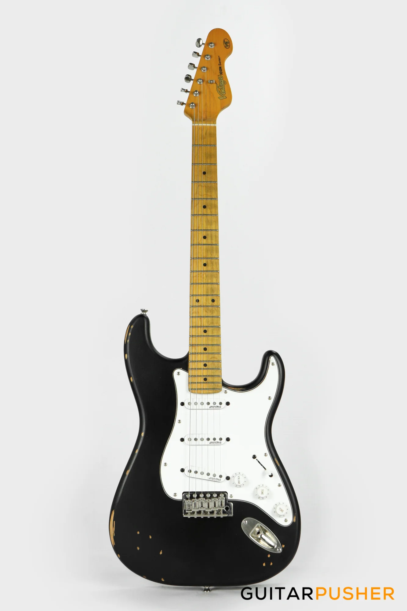 Vintage V6 Icon "Blackie" S-Style Electric Guitar - Distressed Boulevard Black - Image 3
