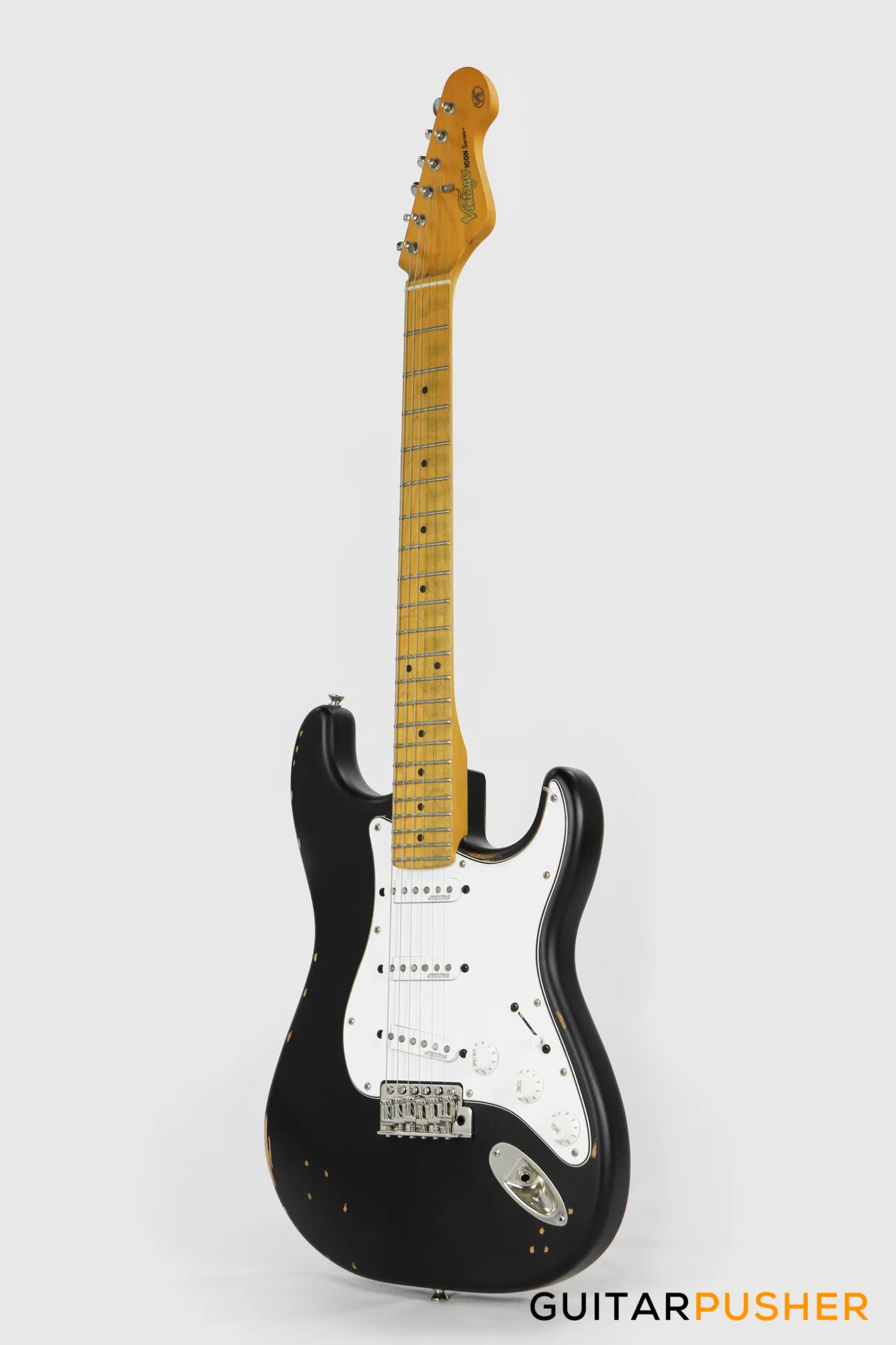 Vintage V6 Icon "Blackie" S-Style Electric Guitar - Distressed Boulevard Black - Image 7