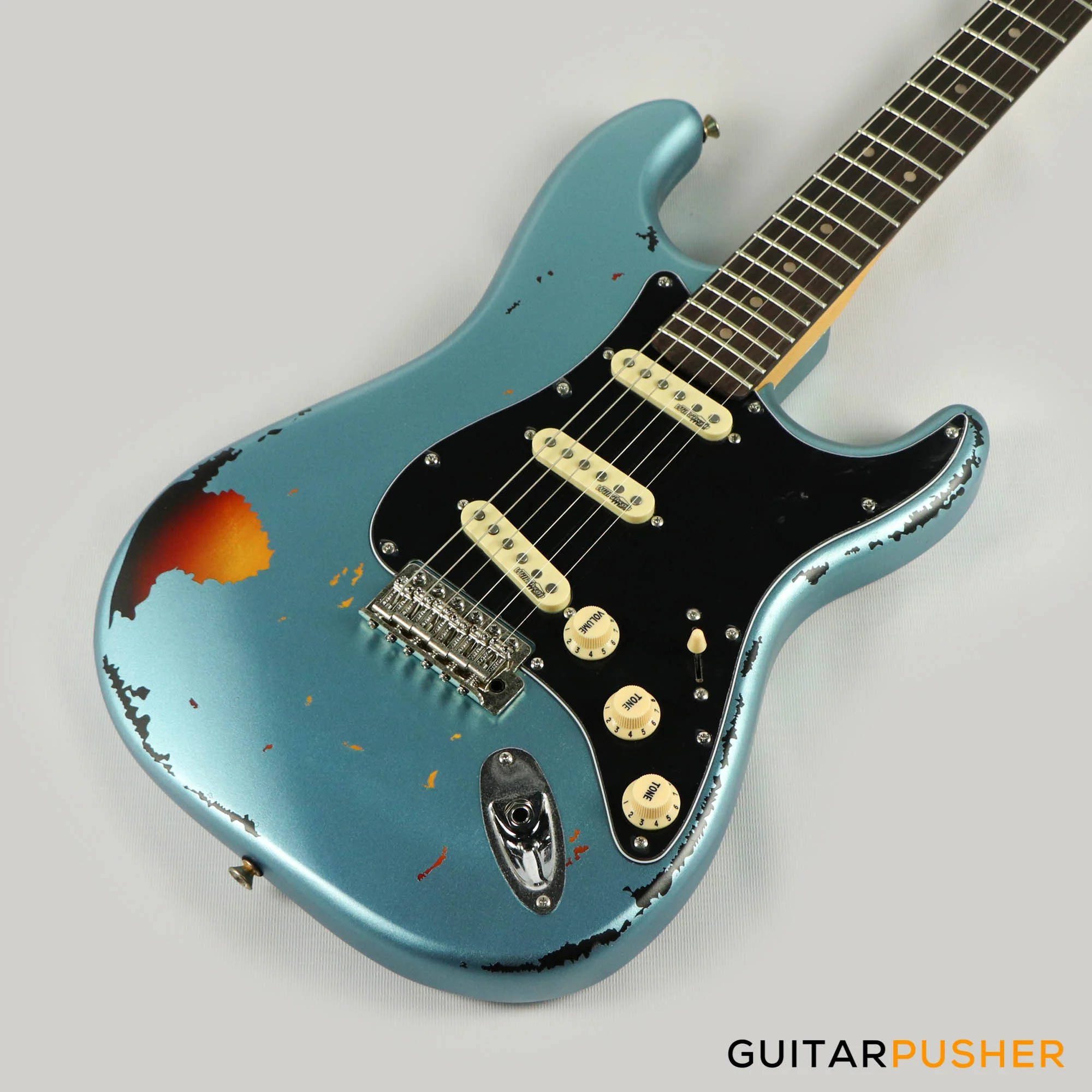 Vintage V6 Icon S-Style Electric Guitar (Distressed Gun Hill Blue over Sunburst) - Image 10
