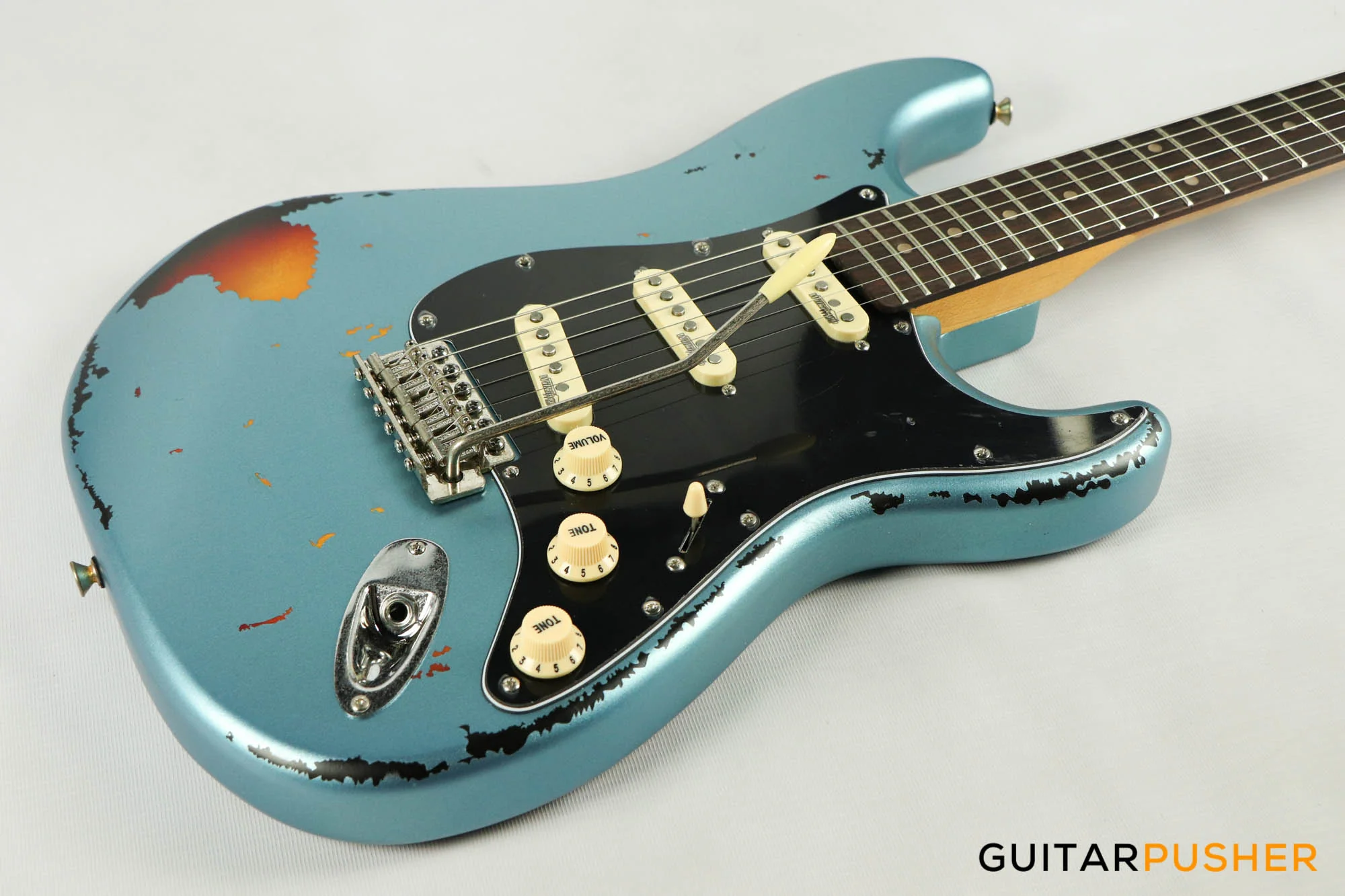 Vintage V6 Icon S-Style Electric Guitar (Distressed Gun Hill Blue over Sunburst) - Image 11