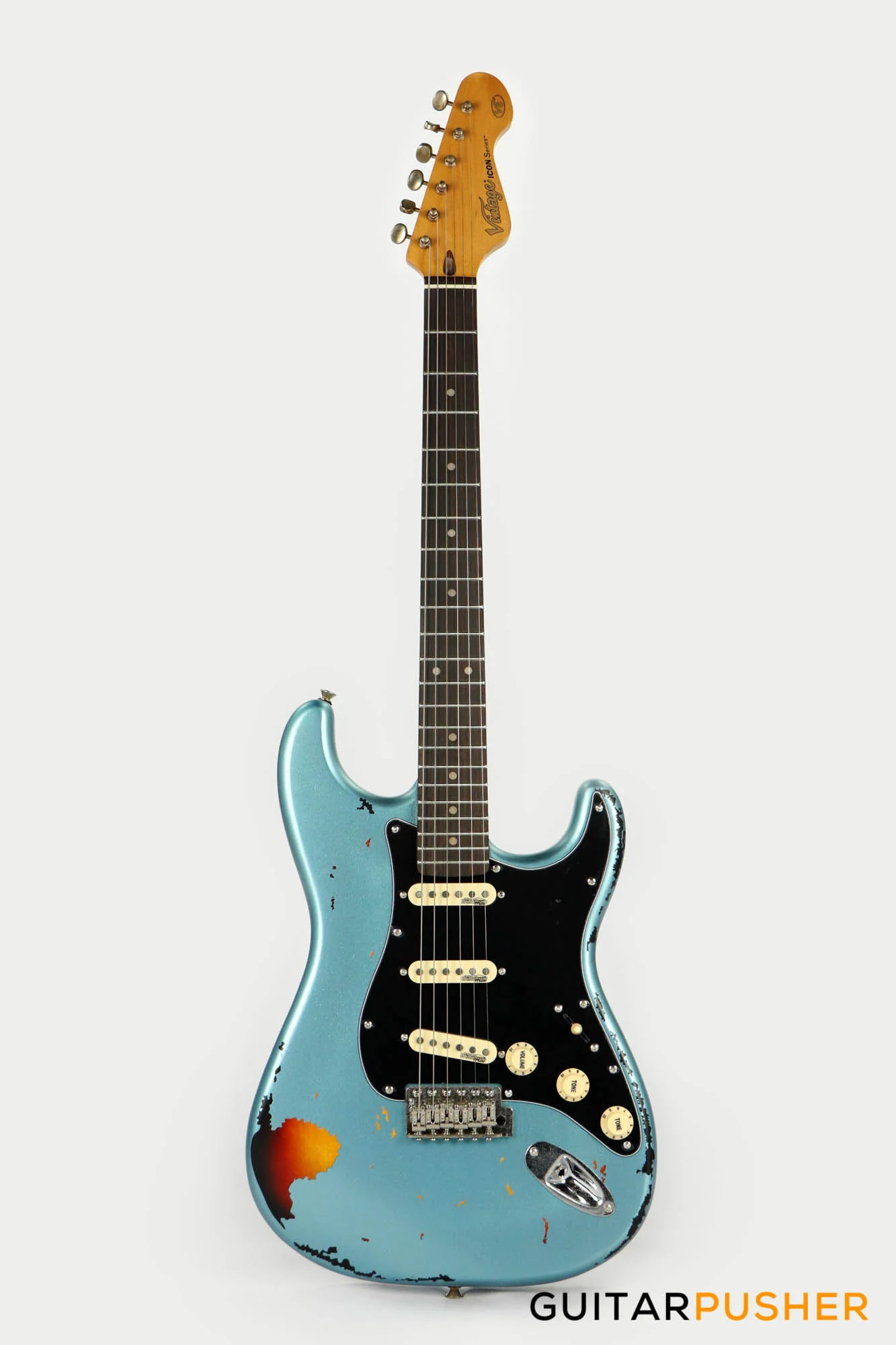 Vintage V6 Icon S-Style Electric Guitar (Distressed Gun Hill Blue over Sunburst) - Image 2