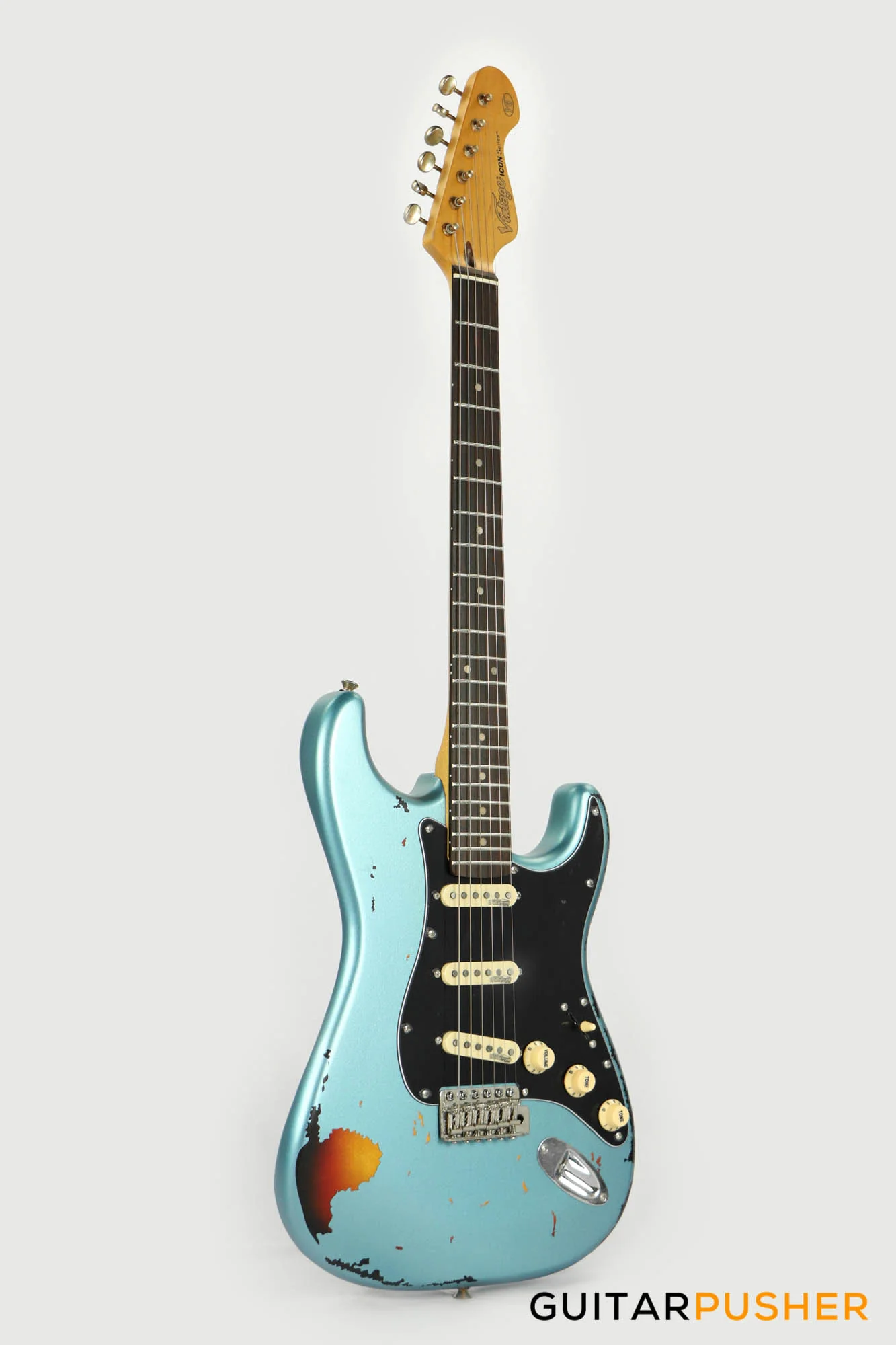 Vintage V6 Icon S-Style Electric Guitar (Distressed Gun Hill Blue over Sunburst) - Image 3