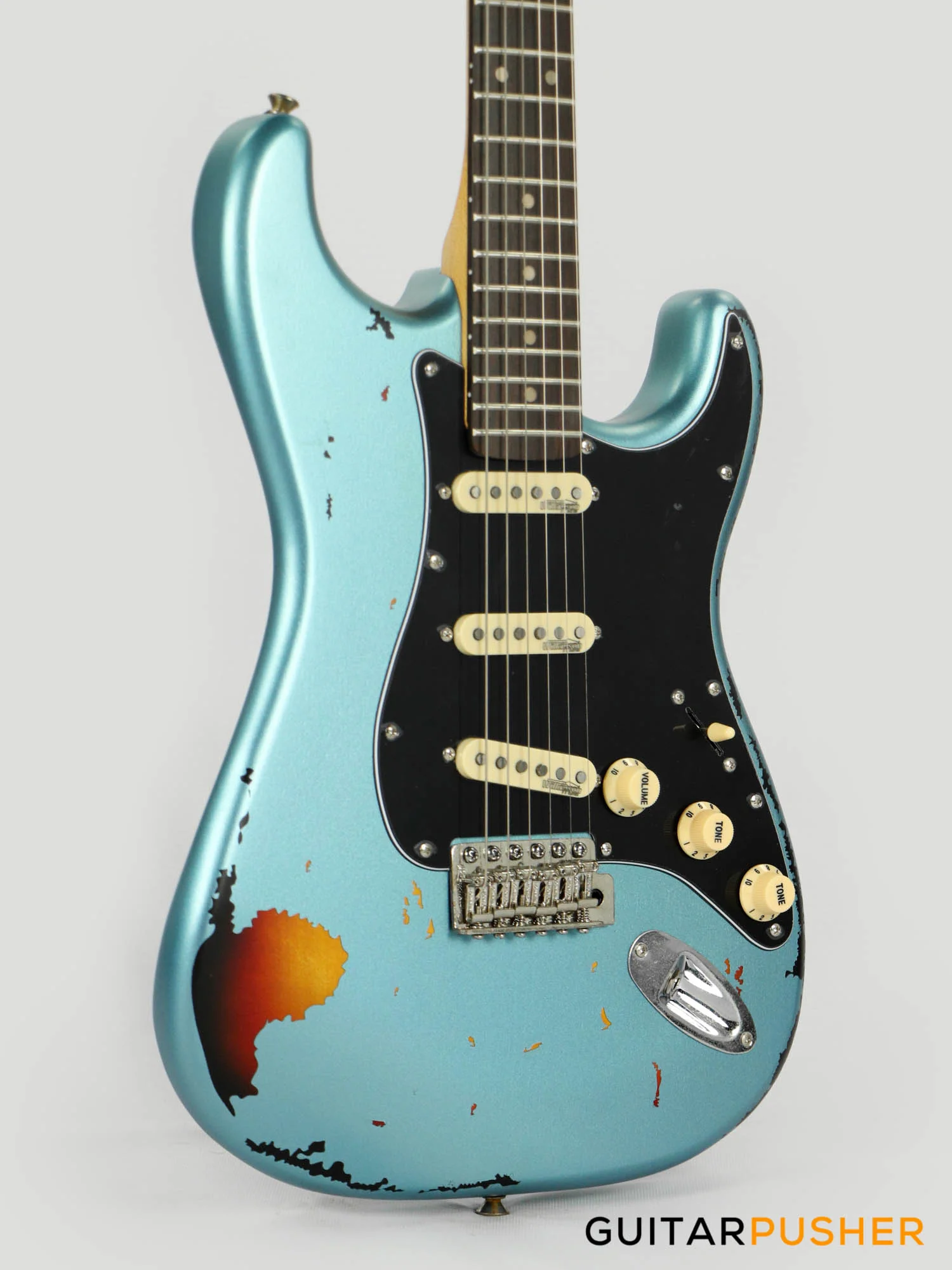 Vintage V6 Icon S-Style Electric Guitar (Distressed Gun Hill Blue over Sunburst) - Image 4