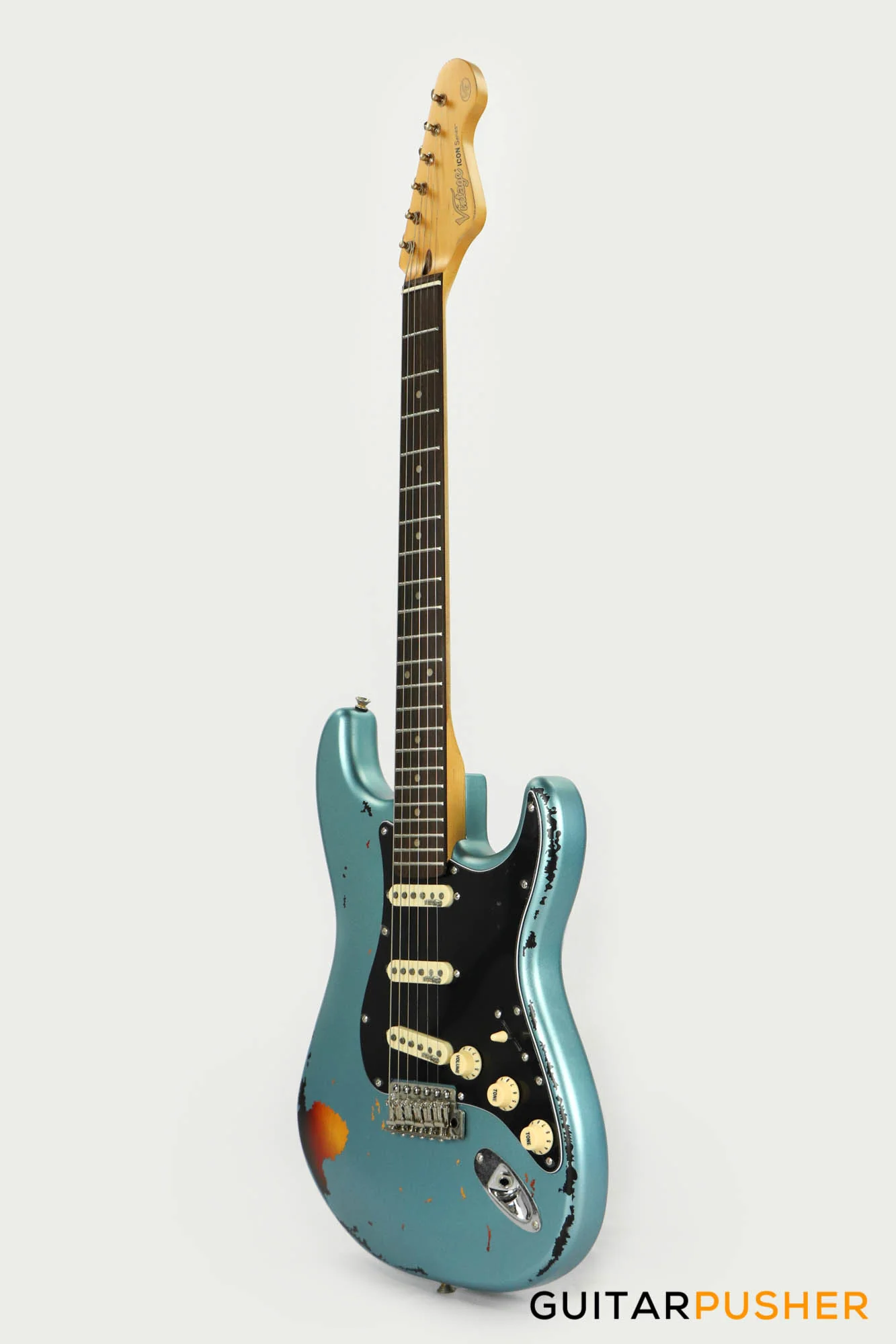 Vintage V6 Icon S-Style Electric Guitar (Distressed Gun Hill Blue over Sunburst) - Image 7