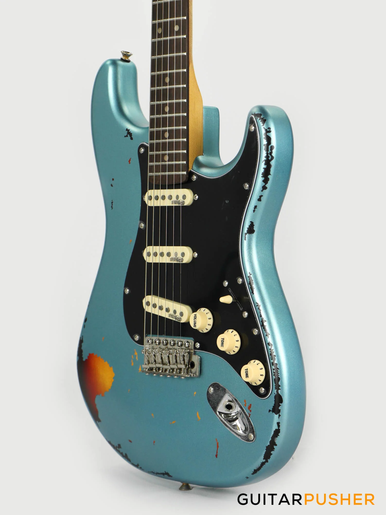 Vintage V6 Icon S-Style Electric Guitar (Distressed Gun Hill Blue over Sunburst) - Image 8