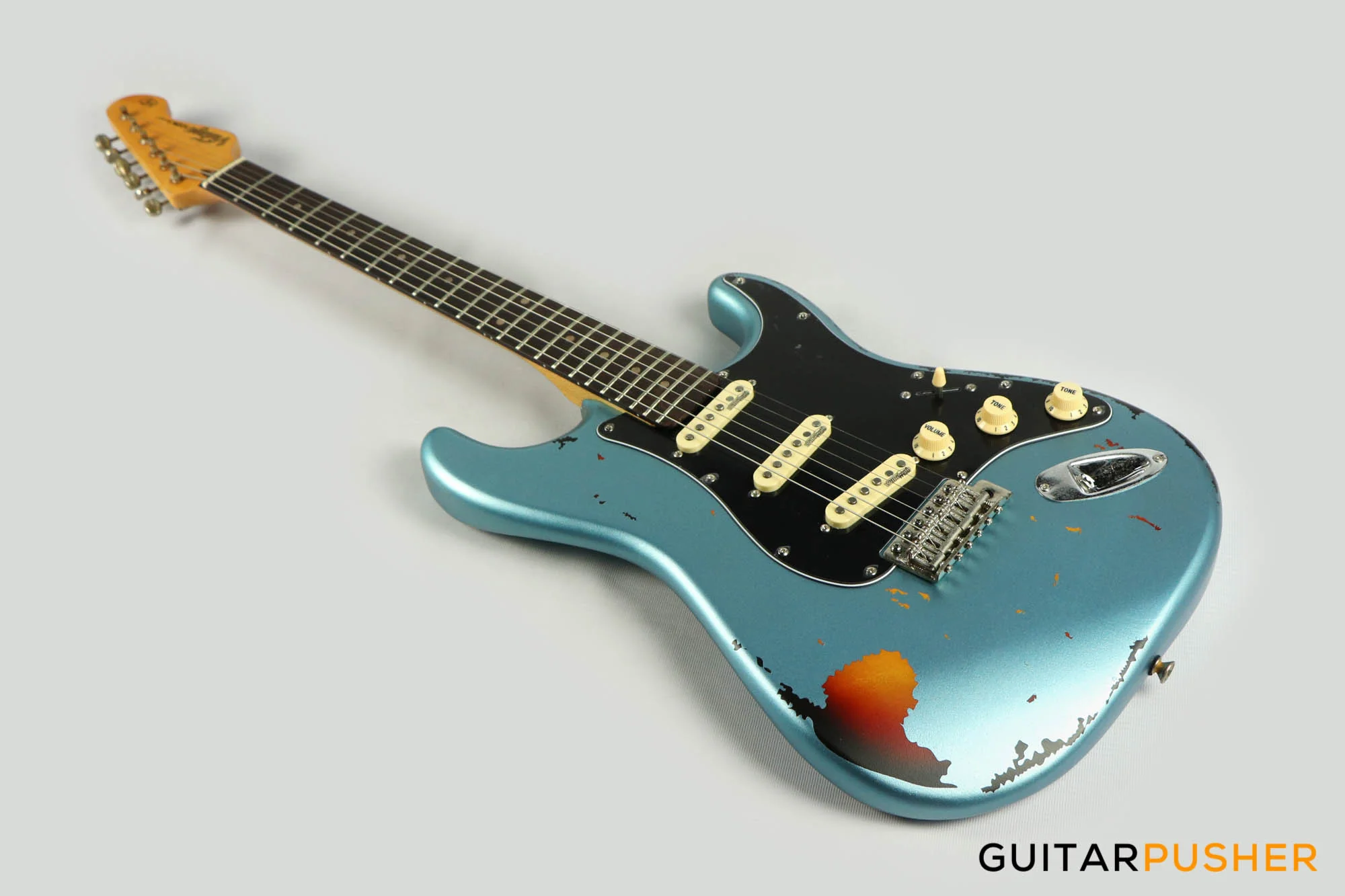 Vintage V6 Icon S-Style Electric Guitar (Distressed Gun Hill Blue over Sunburst) - Image 9
