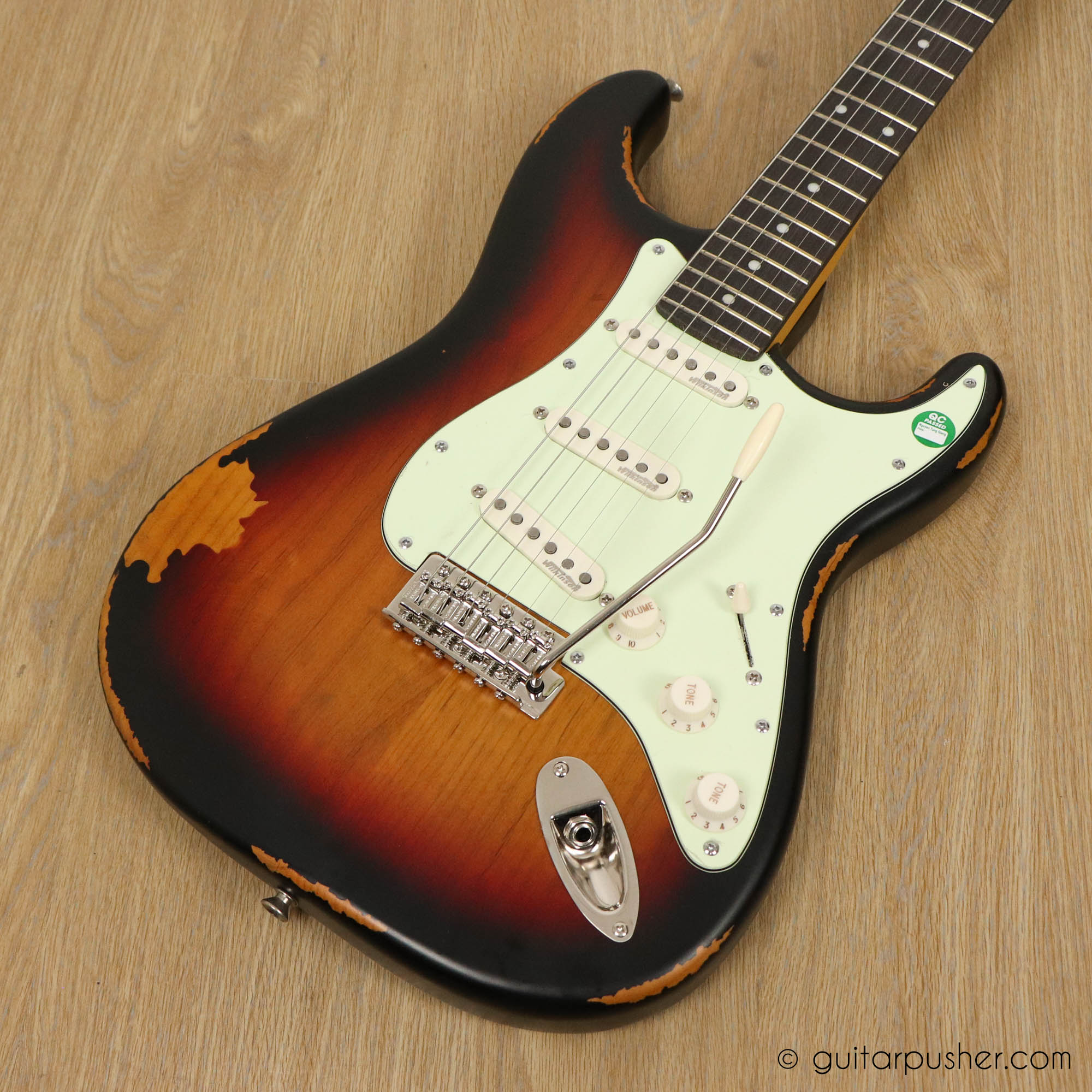 Vintage V6 Icon S-Style Electric Guitar - Distressed Sunburst - Image 2
