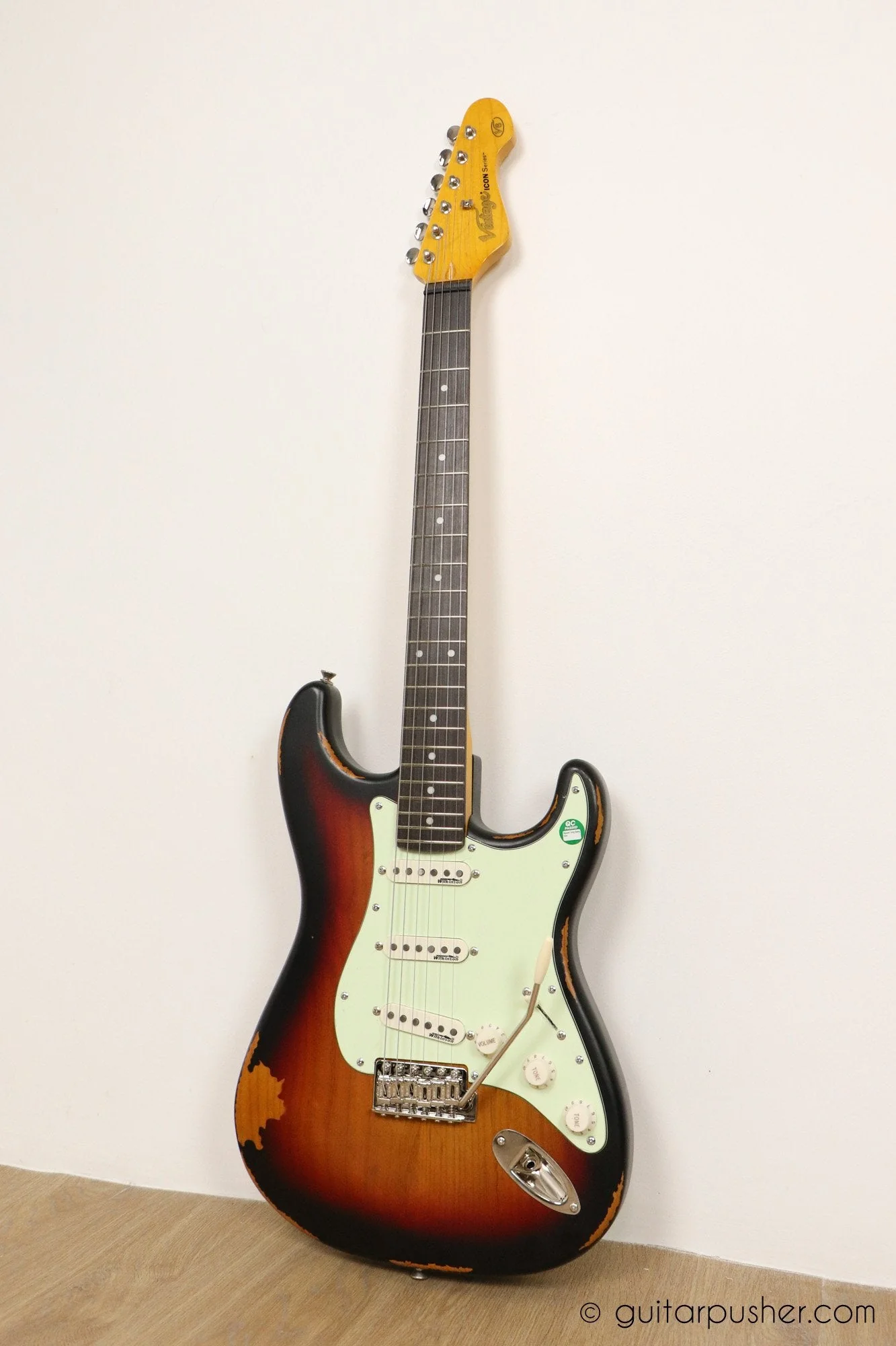 Vintage V6 Icon S-Style Electric Guitar - Distressed Sunburst - Image 3