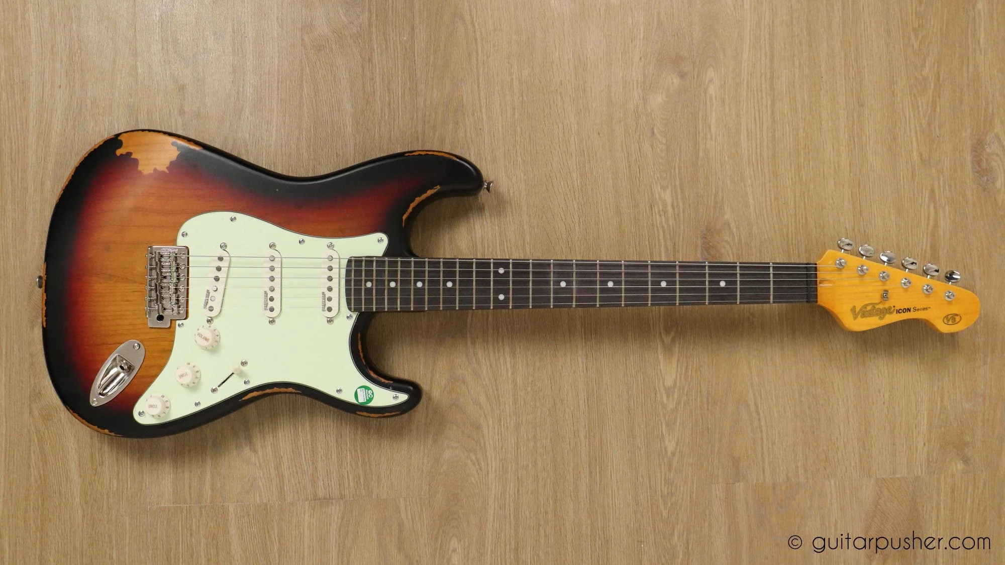 Vintage V6 Icon S-Style Electric Guitar - Distressed Sunburst - Image 4