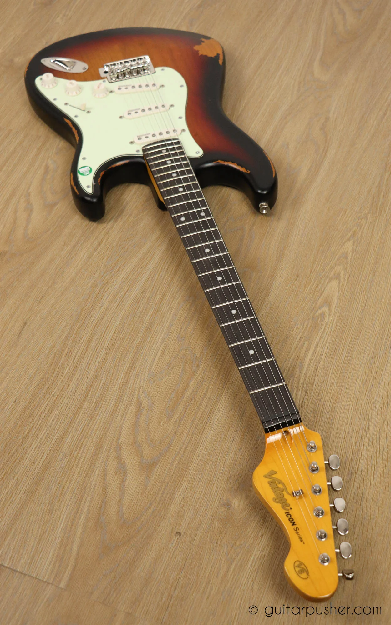 Vintage V6 Icon S-Style Electric Guitar - Distressed Sunburst - Image 7
