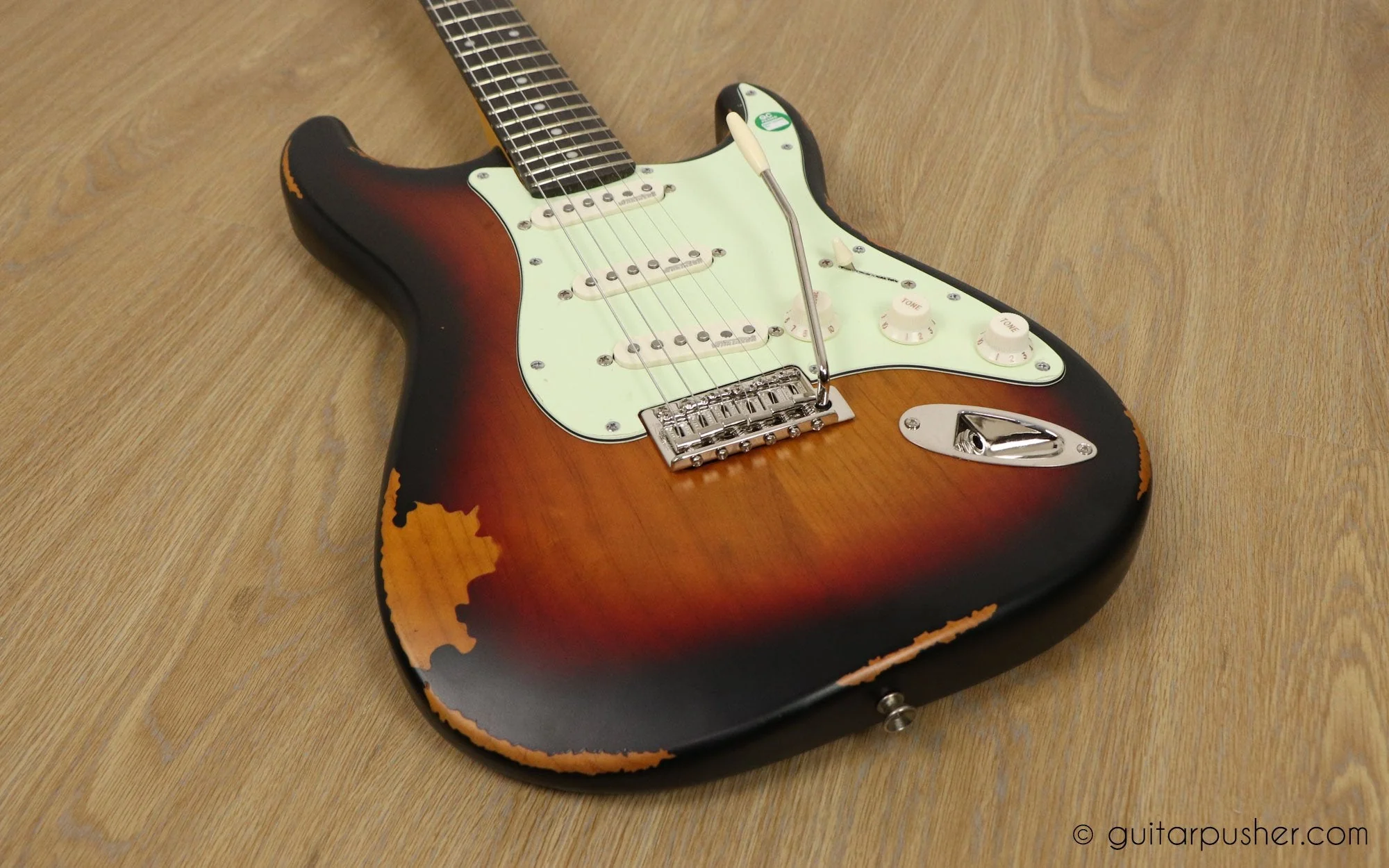 Vintage V6 Icon S-Style Electric Guitar - Distressed Sunburst - Image 8