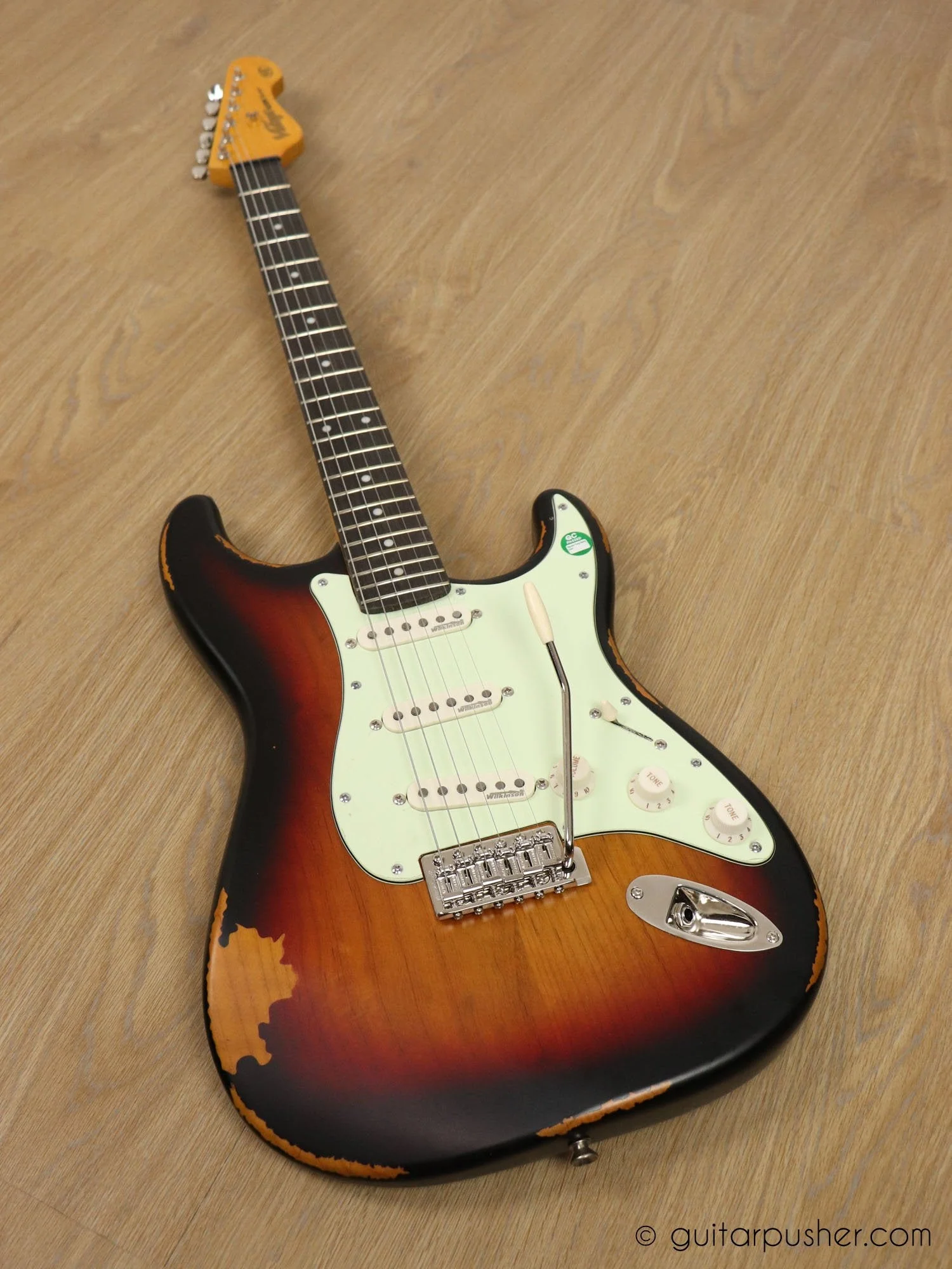 Vintage V6 Icon S-Style Electric Guitar - Distressed Sunburst - Image 9
