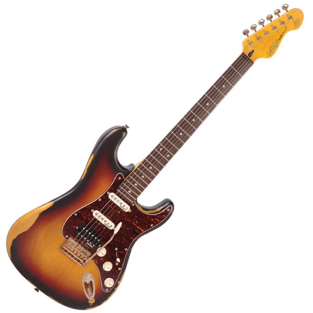 Vintage V6H Icon HSS S-Style Electric Guitar - Distressed Tobacco Sunburst - Image 2