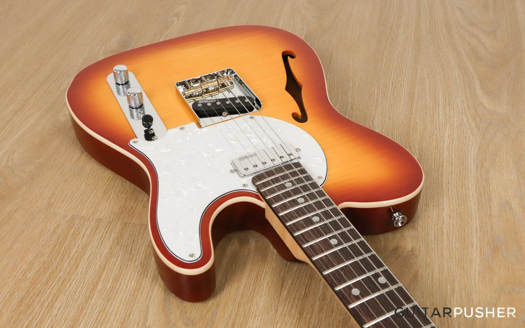 Vintage V72 Custom Spec Hardtail Semi-Hollow T-Style Electric Guitar - Flamed Tobacco Sunburst - Image 11