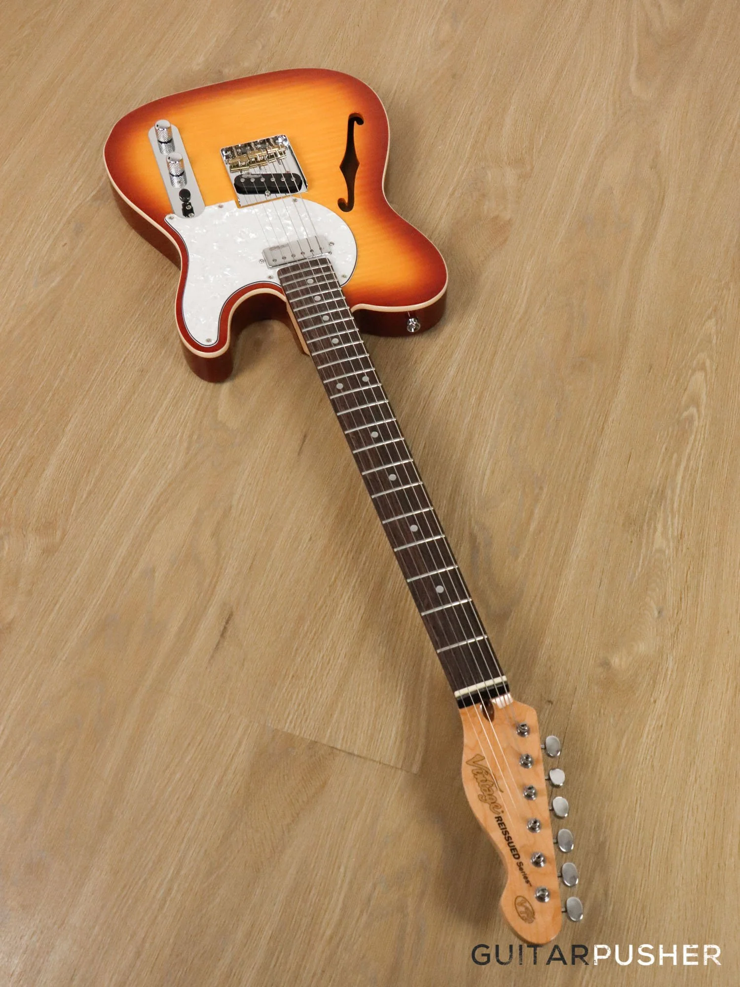 Vintage V72 Custom Spec Hardtail Semi-Hollow T-Style Electric Guitar - Flamed Tobacco Sunburst - Image 12