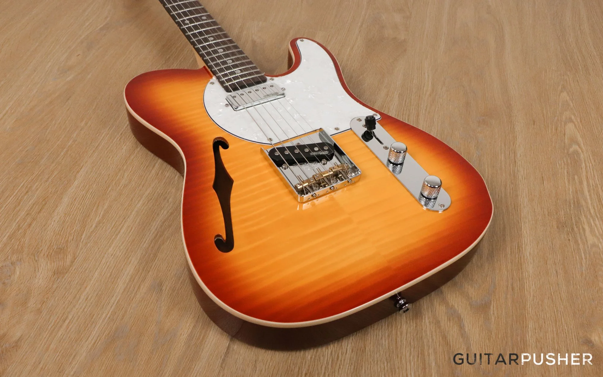 Vintage V72 Custom Spec Hardtail Semi-Hollow T-Style Electric Guitar - Flamed Tobacco Sunburst - Image 15