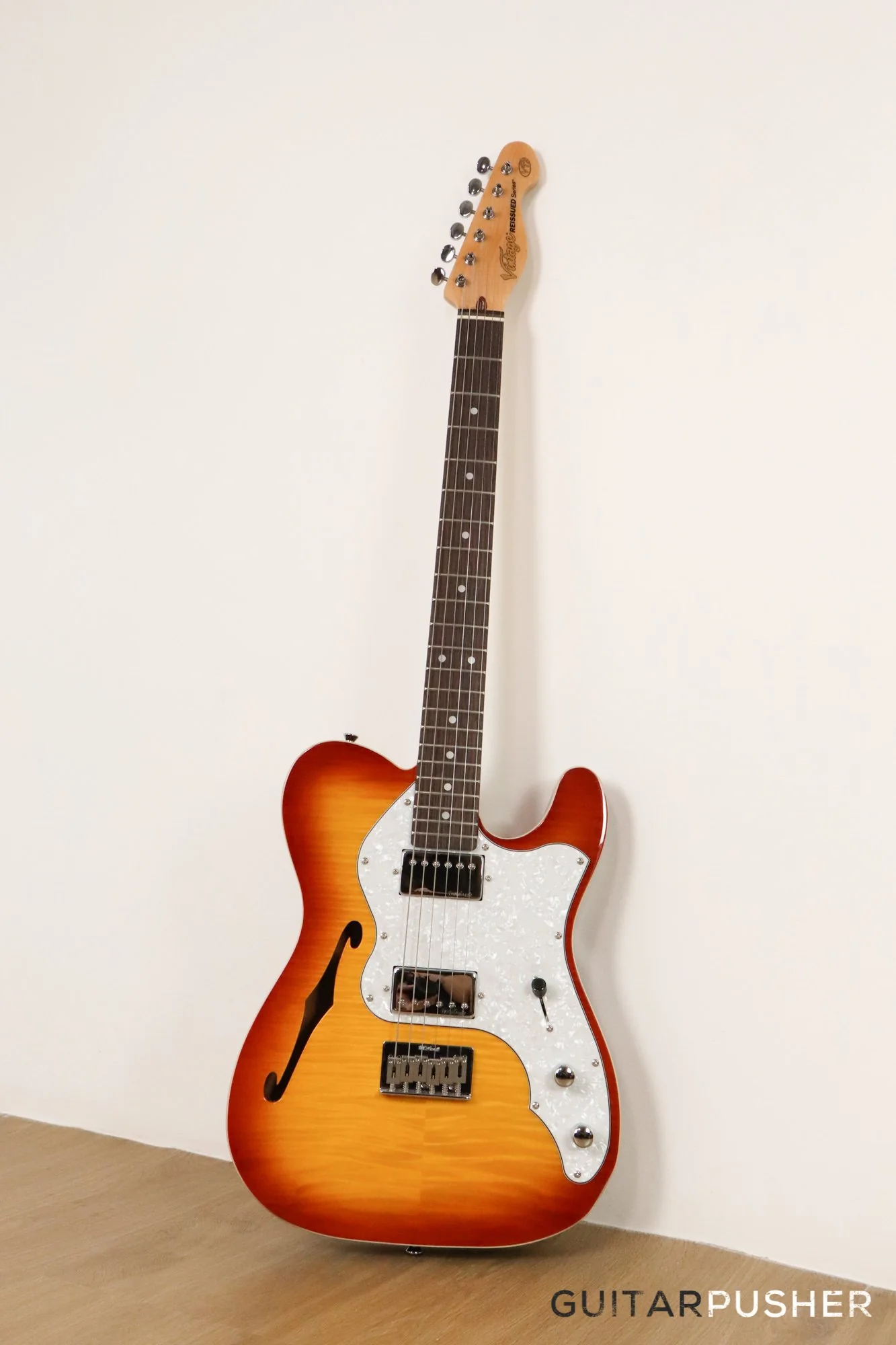 Vintage V72H T-Style Custom Hardtail Semi-Hollow Electric Guitar - Flamed Tobacco Sunburst - Image 3