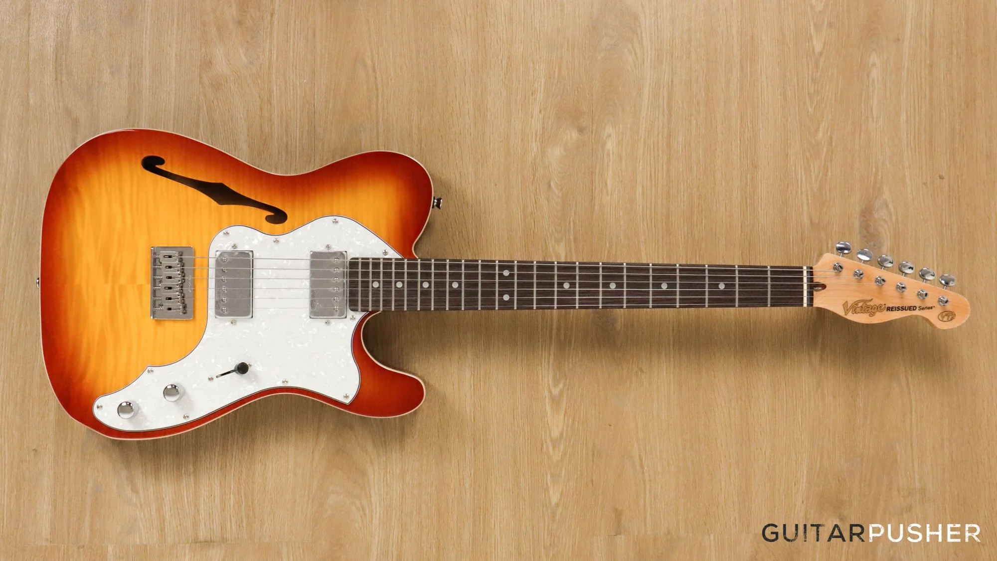 Vintage V72H T-Style Custom Hardtail Semi-Hollow Electric Guitar - Flamed Tobacco Sunburst - Image 4