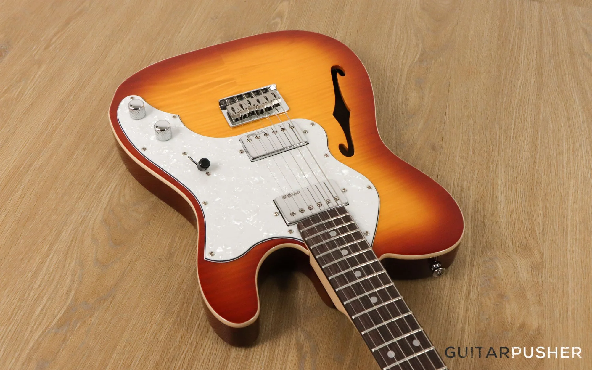 Vintage V72H T-Style Custom Hardtail Semi-Hollow Electric Guitar - Flamed Tobacco Sunburst - Image 6